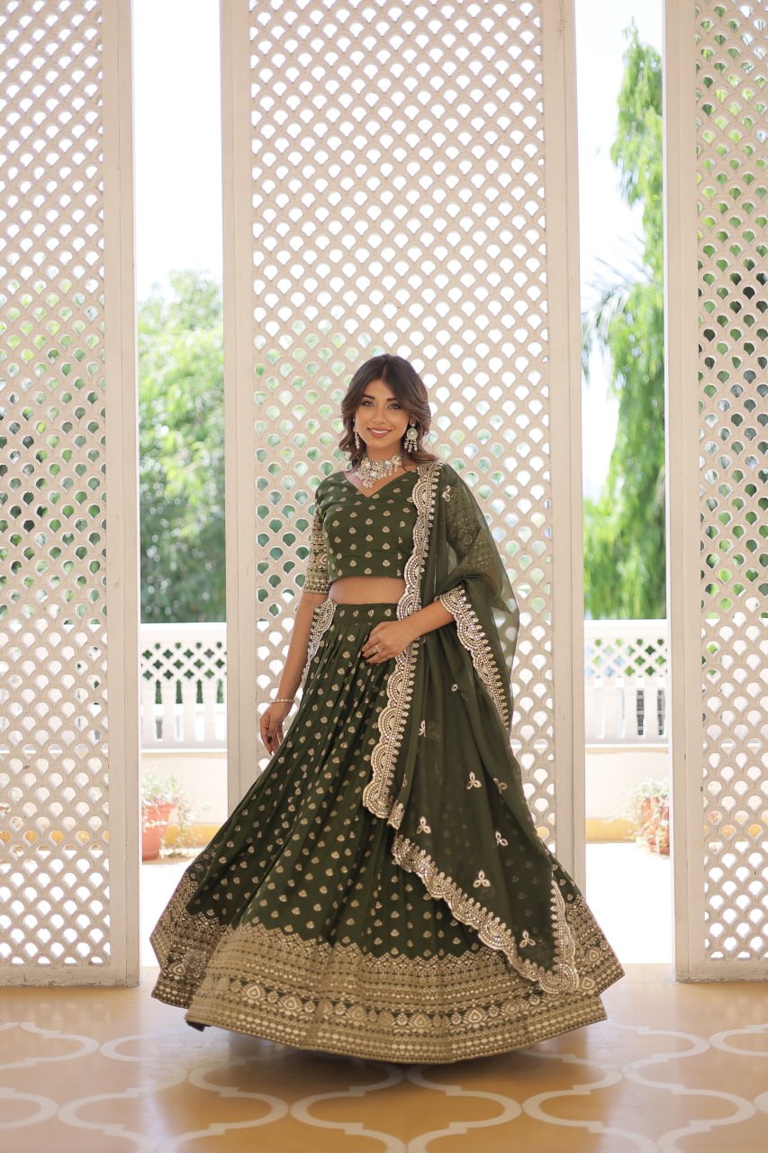 ClothsVilla Green Enchanting Dayble Viscose Jacquard Lehenga Set with Double Zari Work - view 2