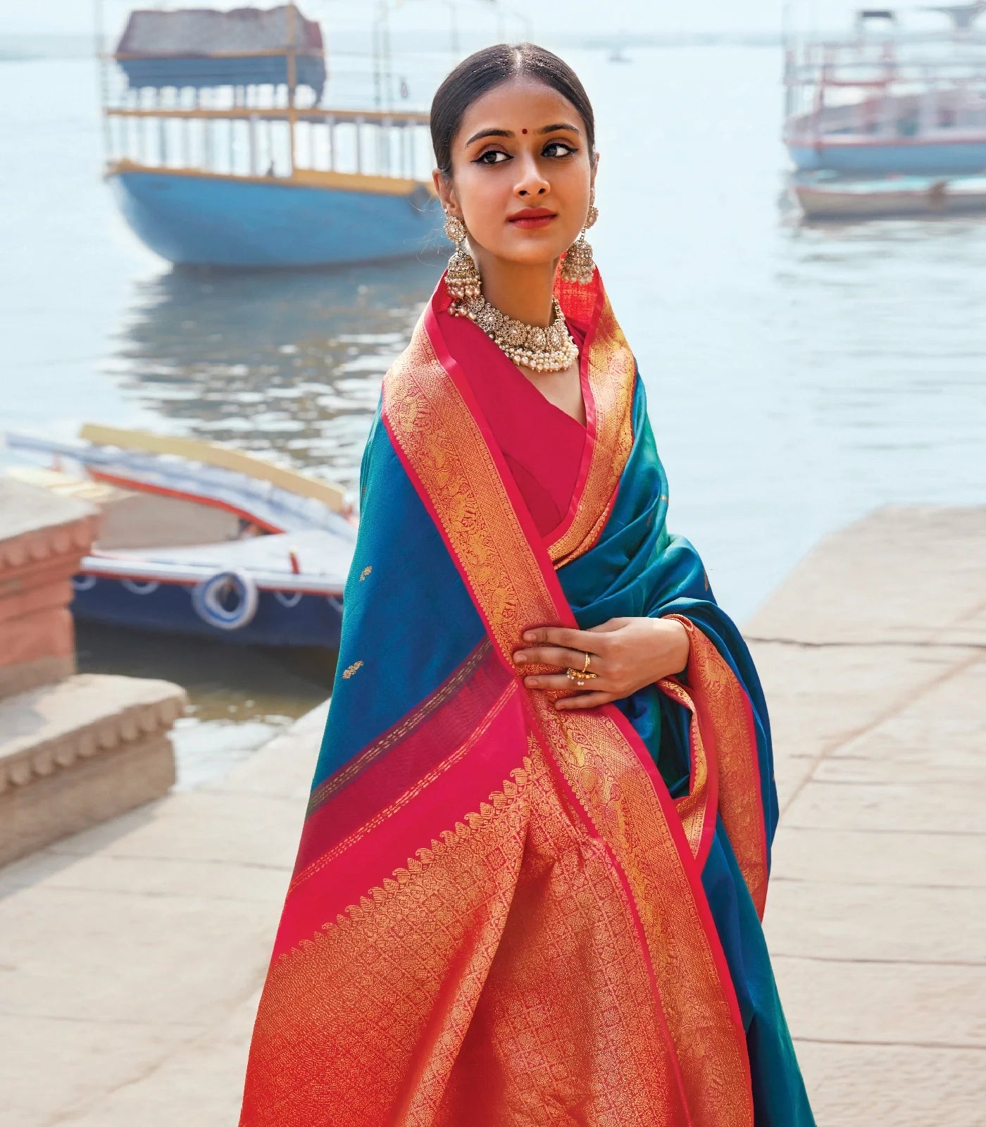 RmKV Silks Blue Handloom Kanchipuram Korvai Silk Saree With Mango Buttas
