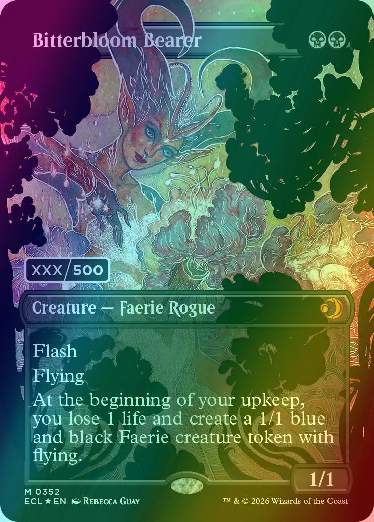 Serial numbered 352 – Magic Bitterbloom Bearer - Serial Numbered [352] [Borderless] [Headliner] [Lorwyn Eclipsed] [Rainbow Foil]