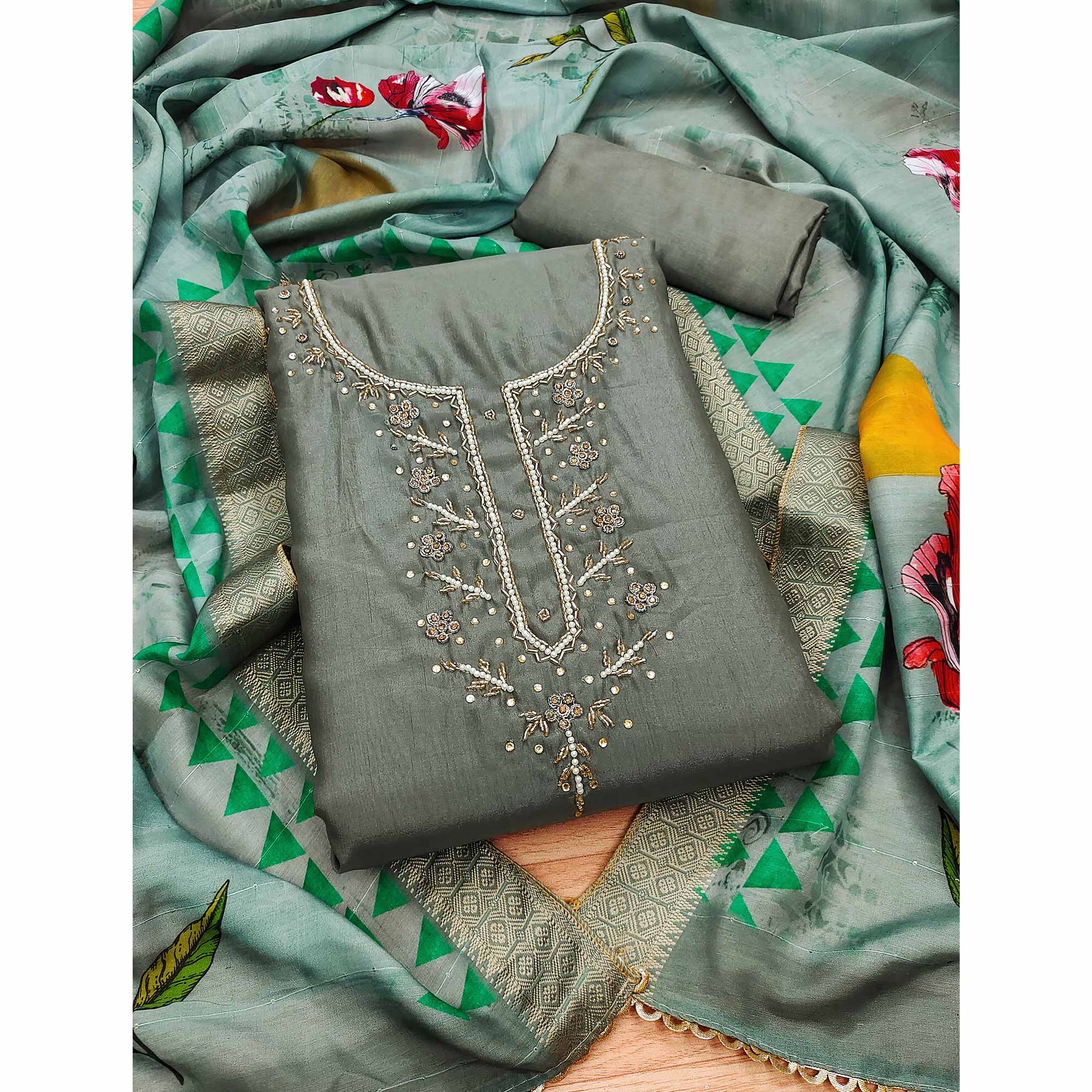 BlackTree grey-handwork-simmer-jacquard-dress-material - view 3