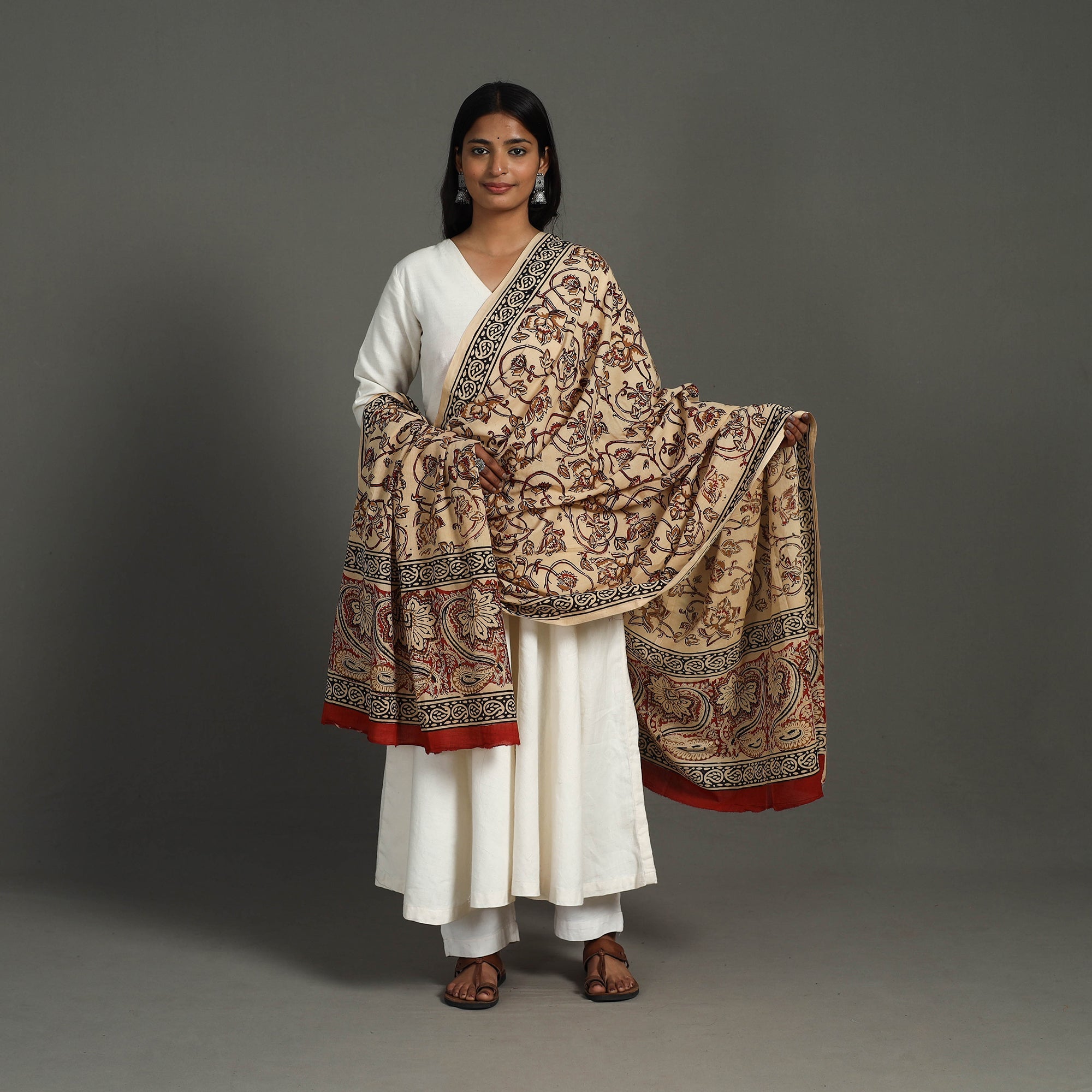 ARTISAN HAND BLOCK PRINTS Beige - Block Printed Mul Cotton Bagru Dupatta 27