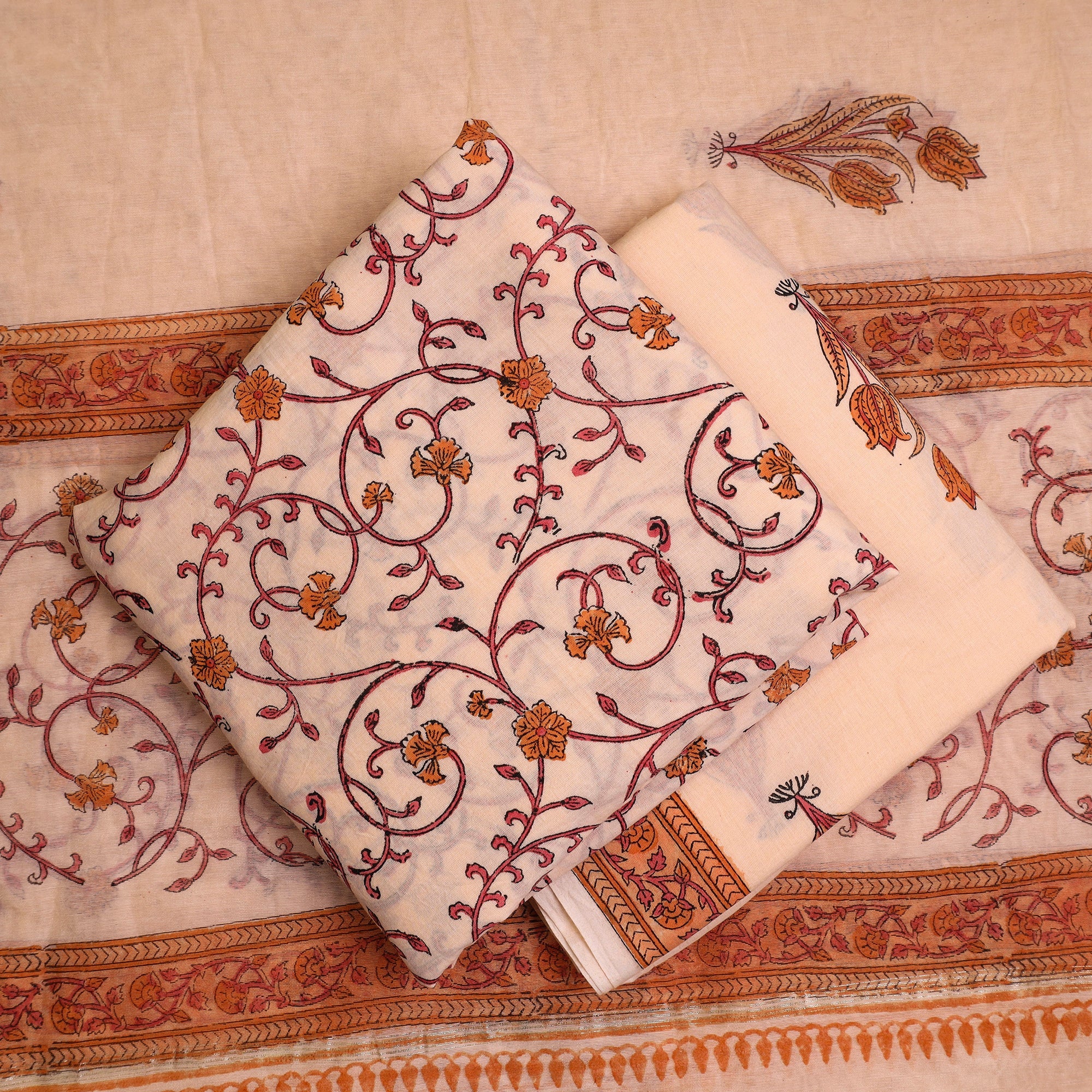 HAVELI CHRONICLES Beige - 3pc Sanganeri Block Printed Cotton Suit Material with Chanderi Silk Dupatta 19 - view 2