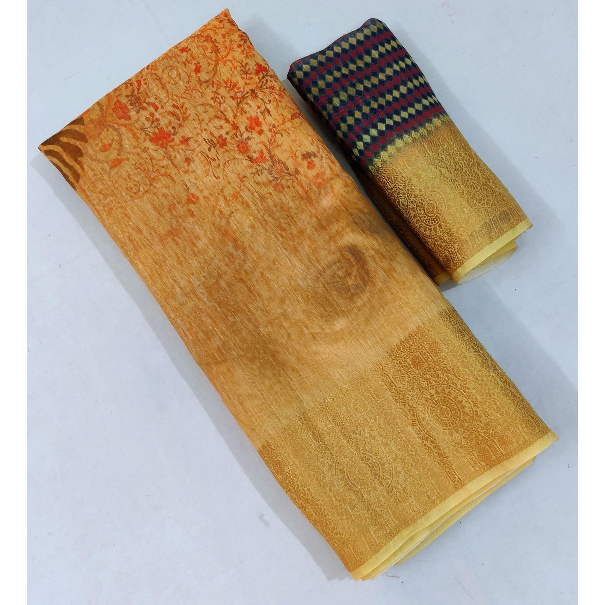 Peachmode Light Mustard Casual Wear Floral Digital Print With Woven Border Linen Saree - view 2