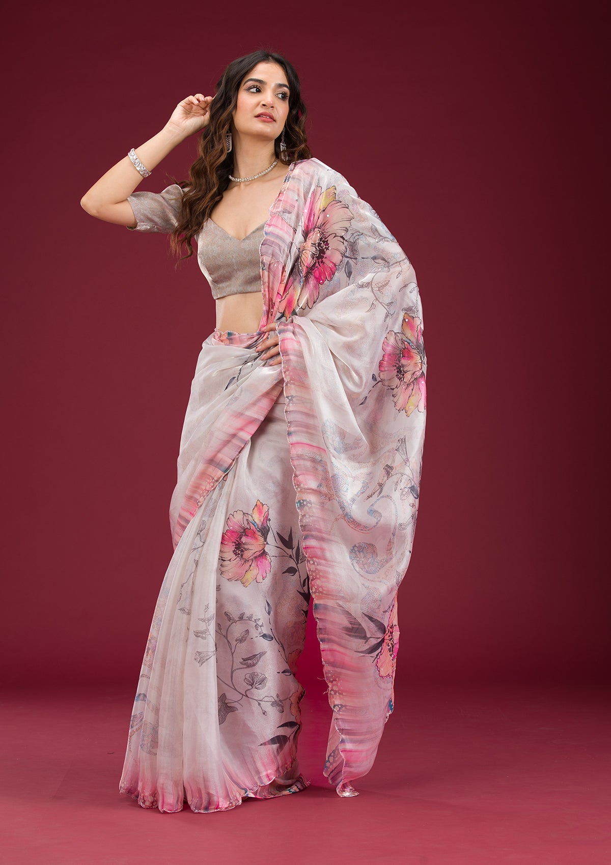 Koskii Cream Printed Tissue Saree – Women's