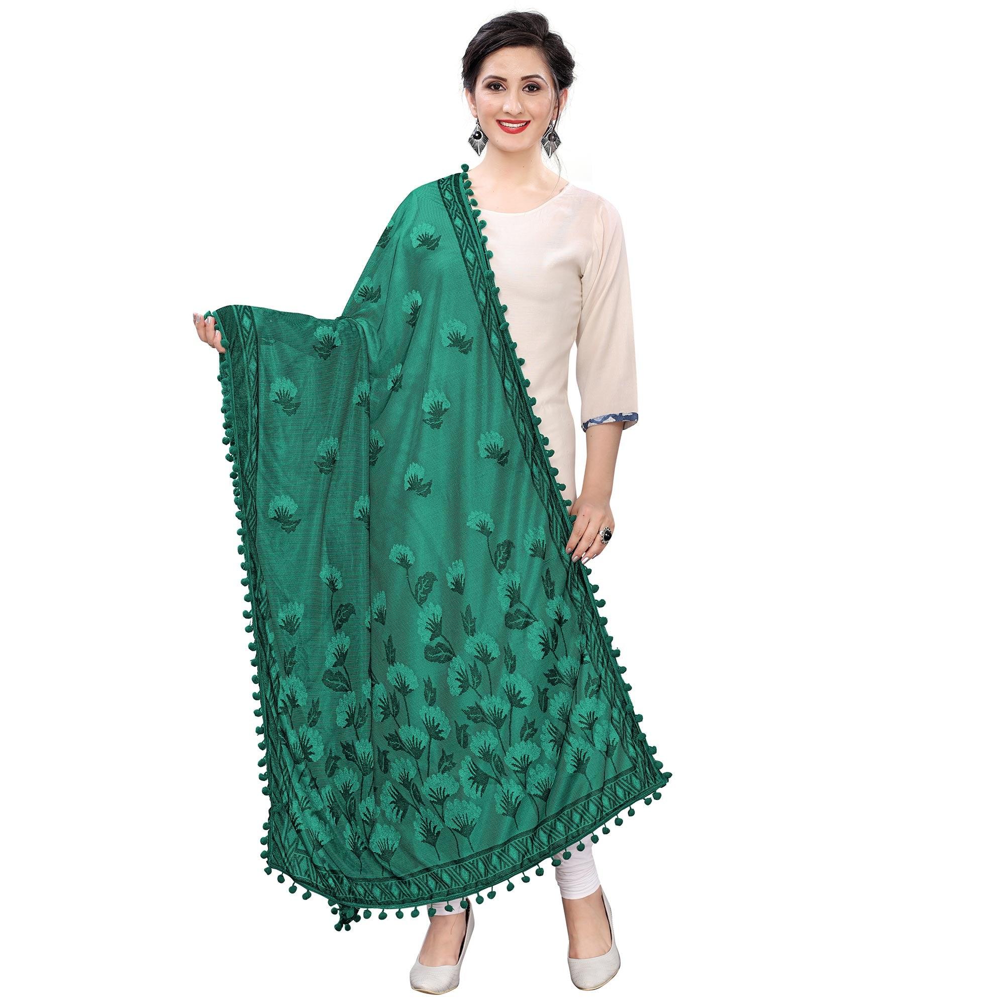 Peachmode Seller Glorious Green Colored Floral Jacqaurd Pattern With Lace Soft Lycra Women Dupatta
