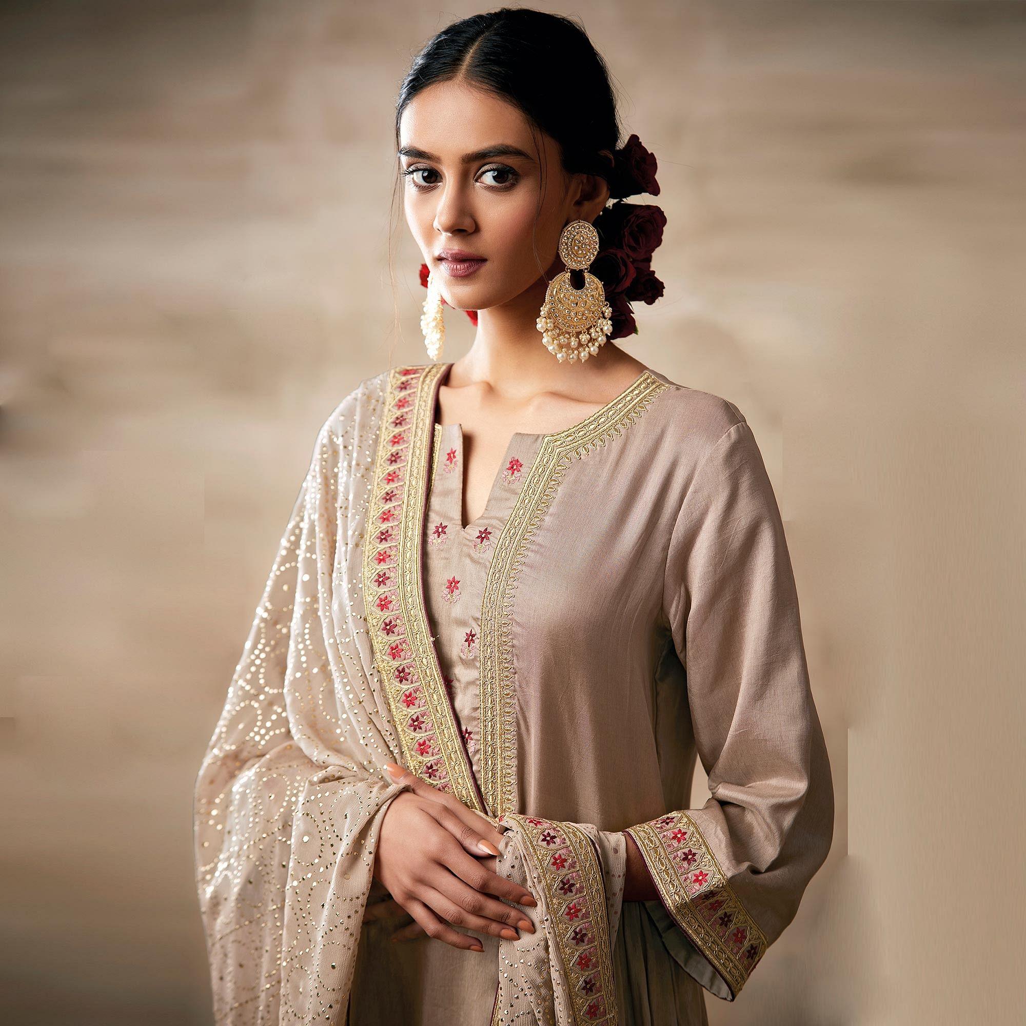 Peachmode Glorious Cream Colored Partywear Designer Embroidery Heavy chinon Salwar Suit - view 3