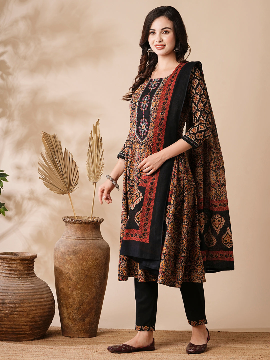 Fashor Floral Ethnic Printed & Embroidered Anarkali Kurta with Pant & Dupatta - Black - view 4