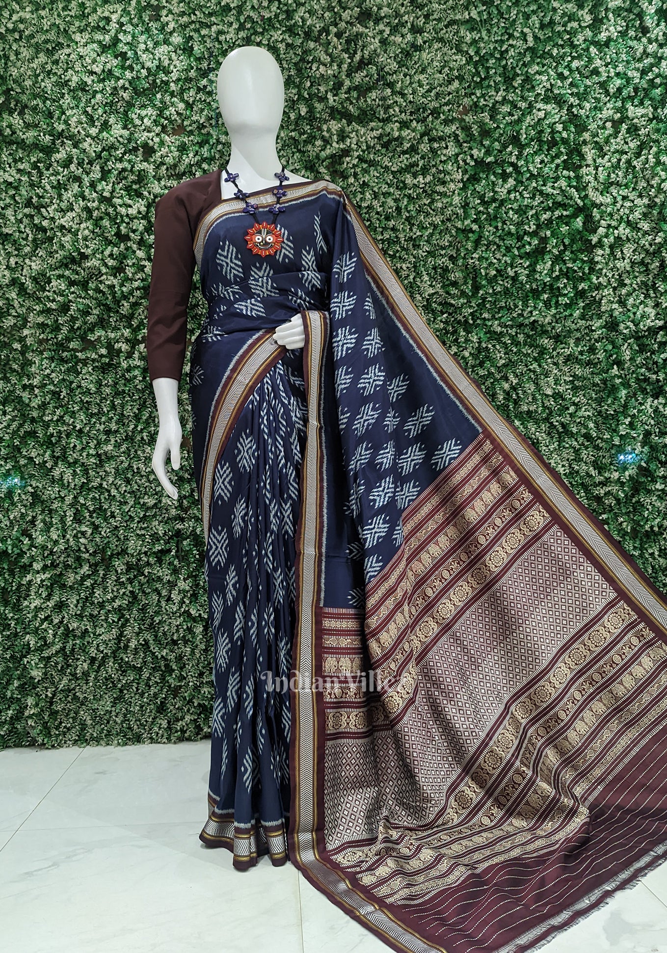 IndianVillèz Navy Blue with Maroon Odisha Ikat Contemporary Silk Saree