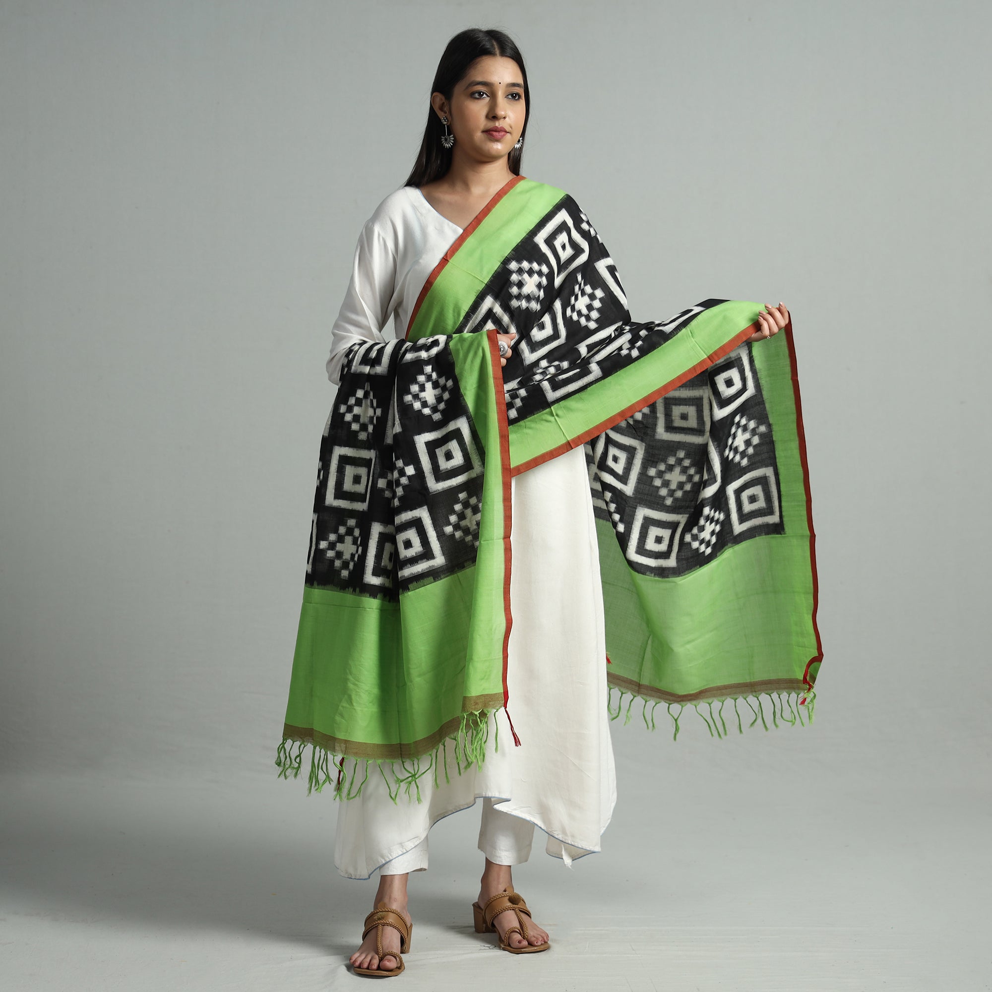 POCHAMPALLY IKAT WEAVES BY GOVARDHAN Black - Pochampally Double Ikat Cotton Handloom Dupatta with Tassels 68 - view 2