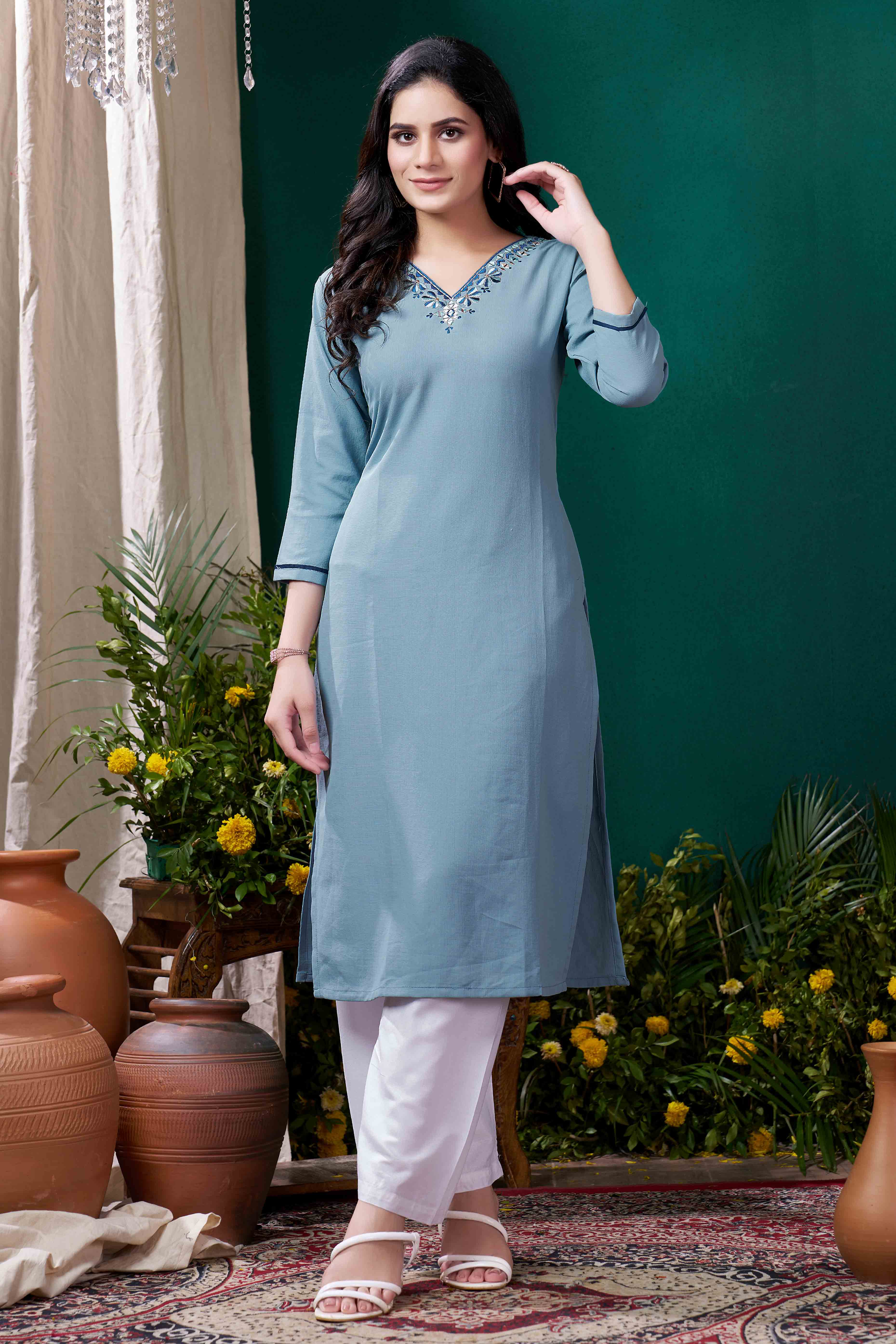 Peachmode Seller Blue Yoke Embroidered Pure Cotton Straight Kurti