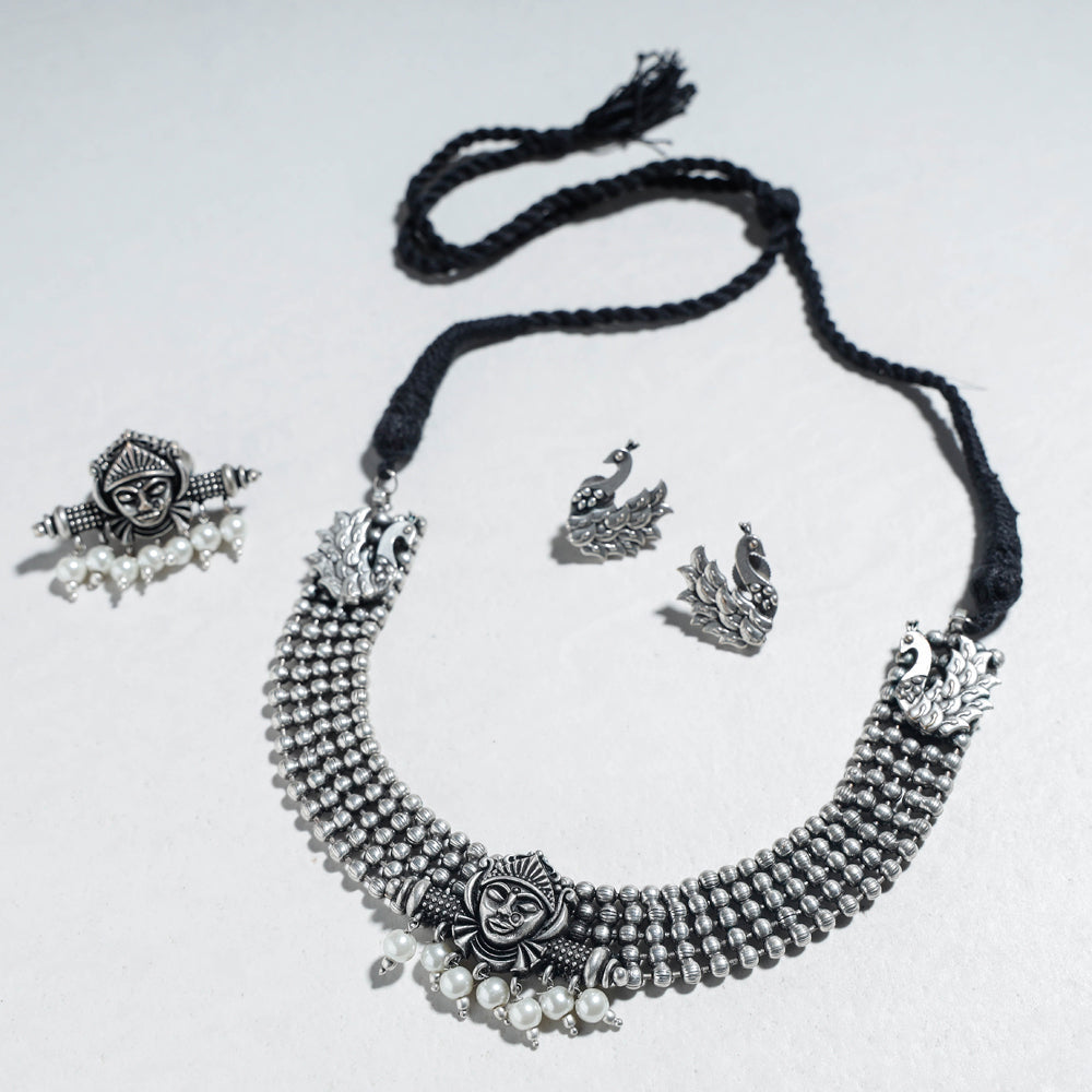 WHITE RIVER STORIES Antique Silver Finish Oxidised Brass Base Necklace Set with Ring - view 2