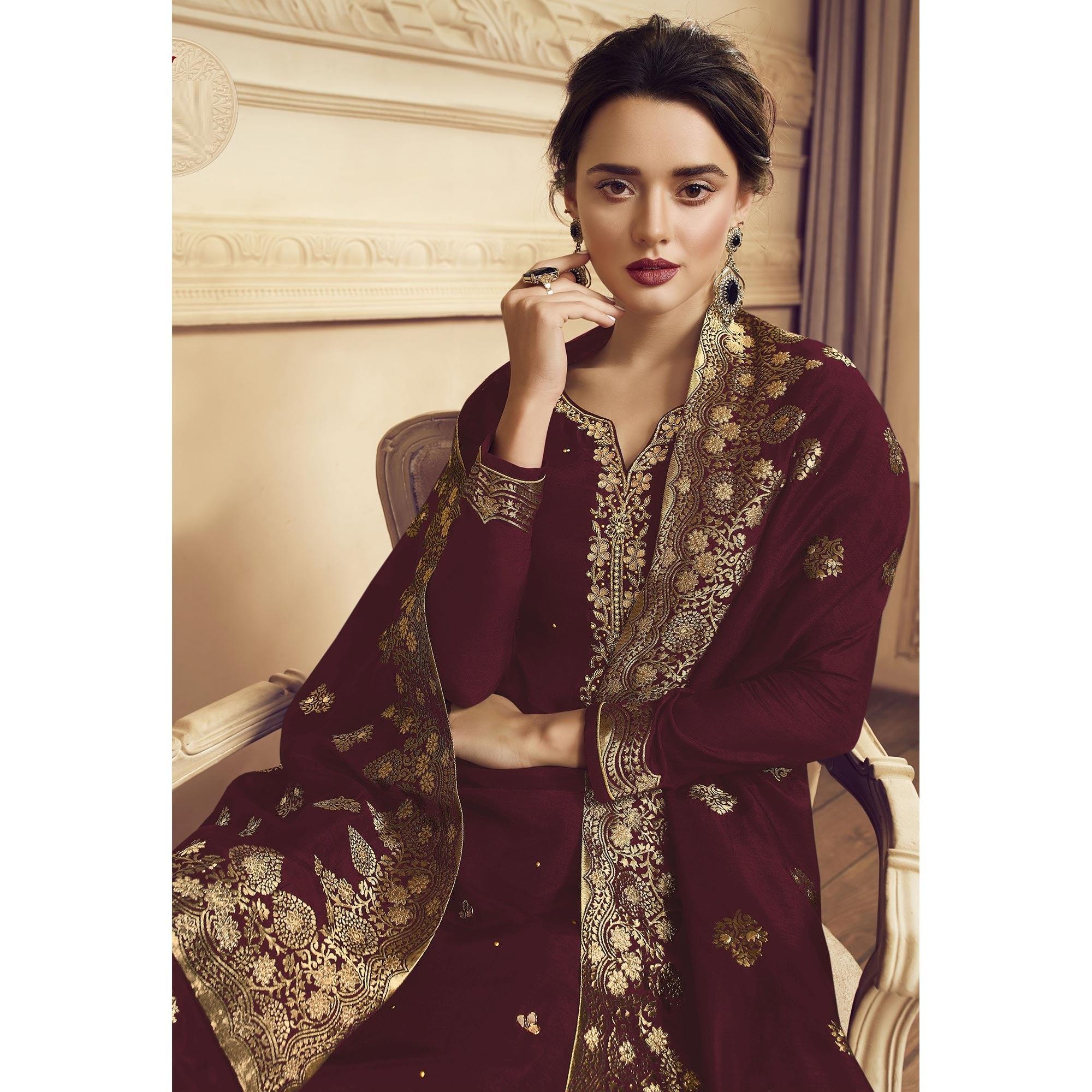 Peachmode Ethnic Maroon Colored Partywear Embroidered Crepe Straight Suit - view 3