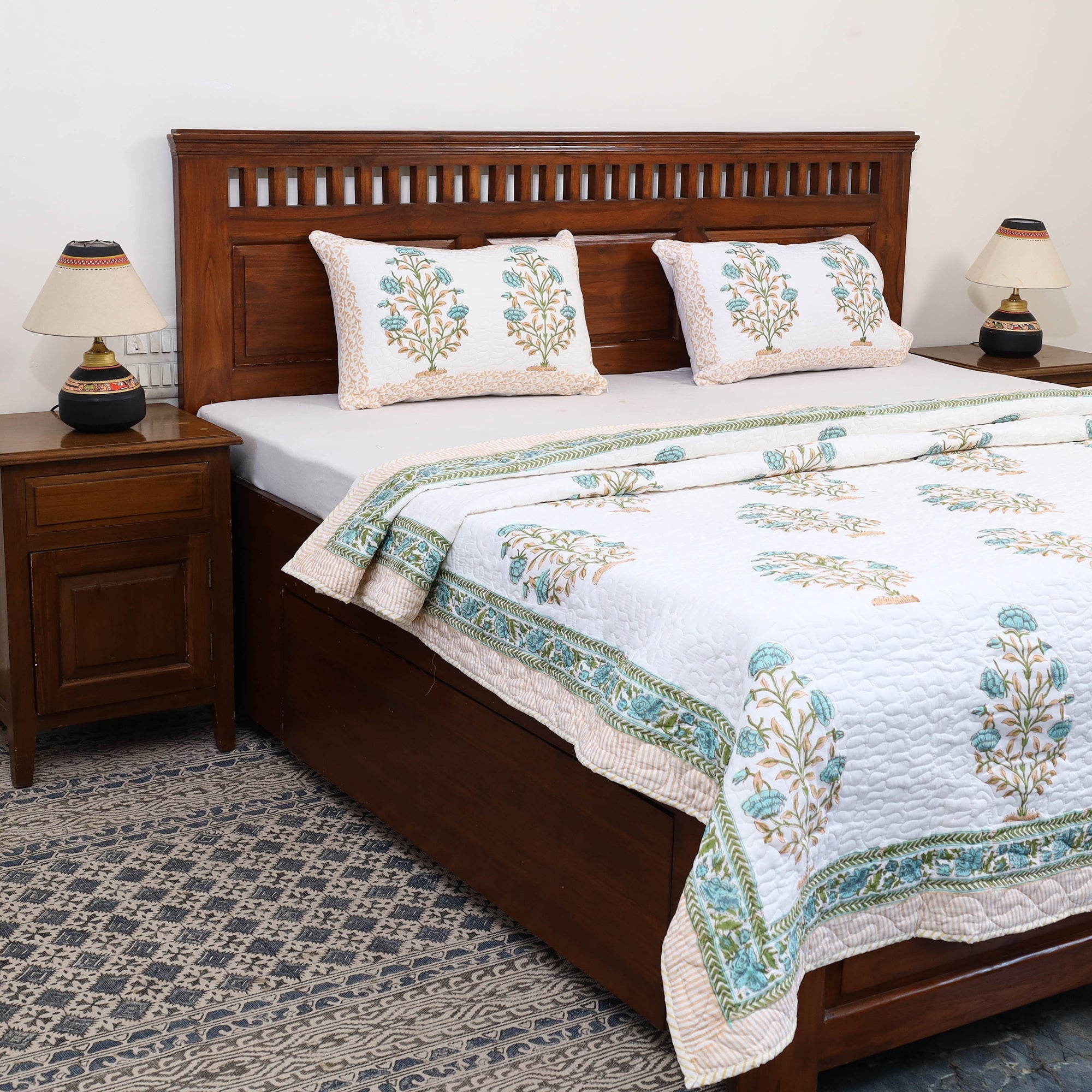 HAVELI CHRONICLES Blue - Double - Reversible Sanganeri Block Print Cotton Quilt Set 10