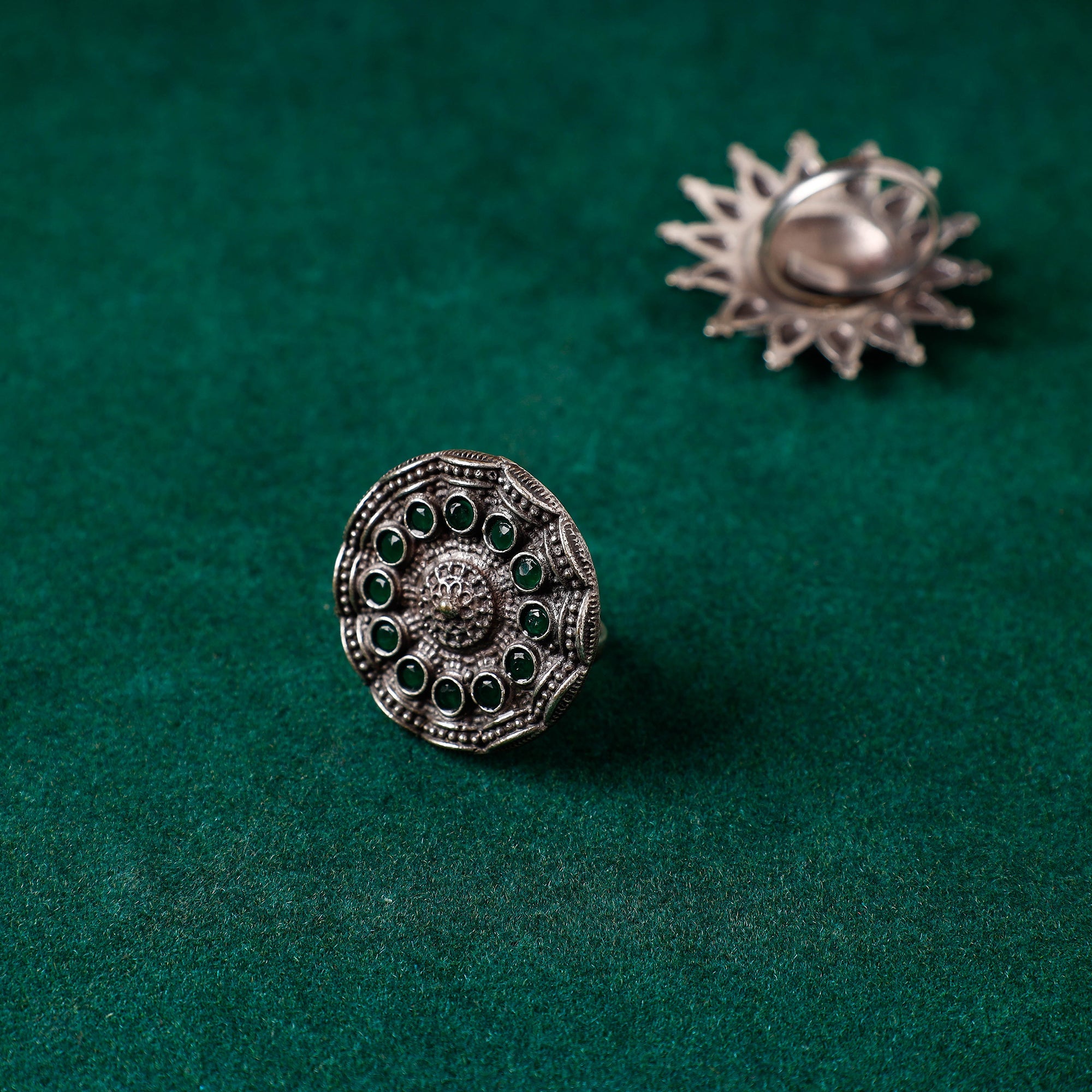 WHITE RIVER STORIES Antique Silver Finish Oxidised Brass Base Stone Work Ring (Adjustable)
