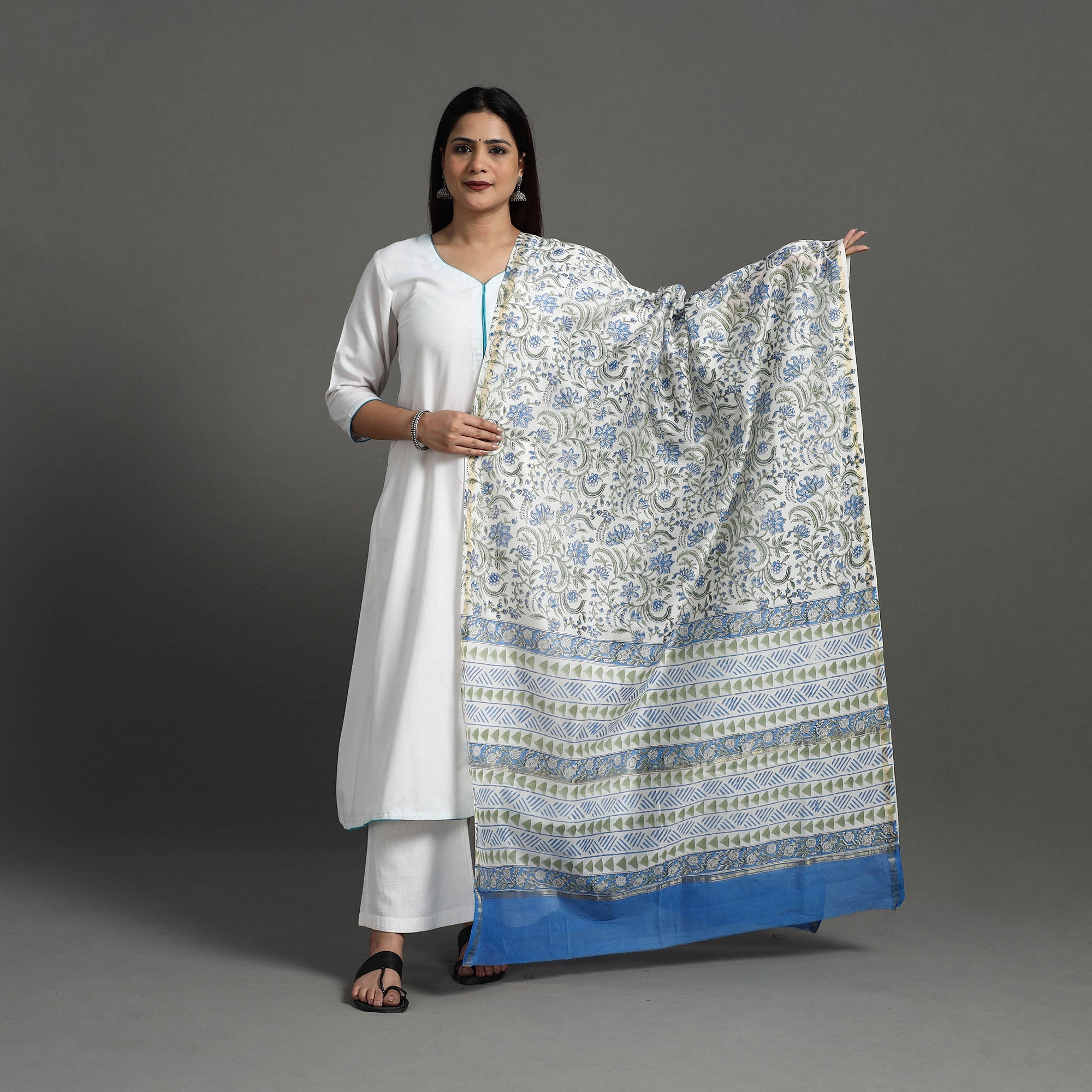 ARTISAN HAND BLOCK PRINTS Blue - Block Print Handloom Chanderi Silk Sanganeri Dupatta 12