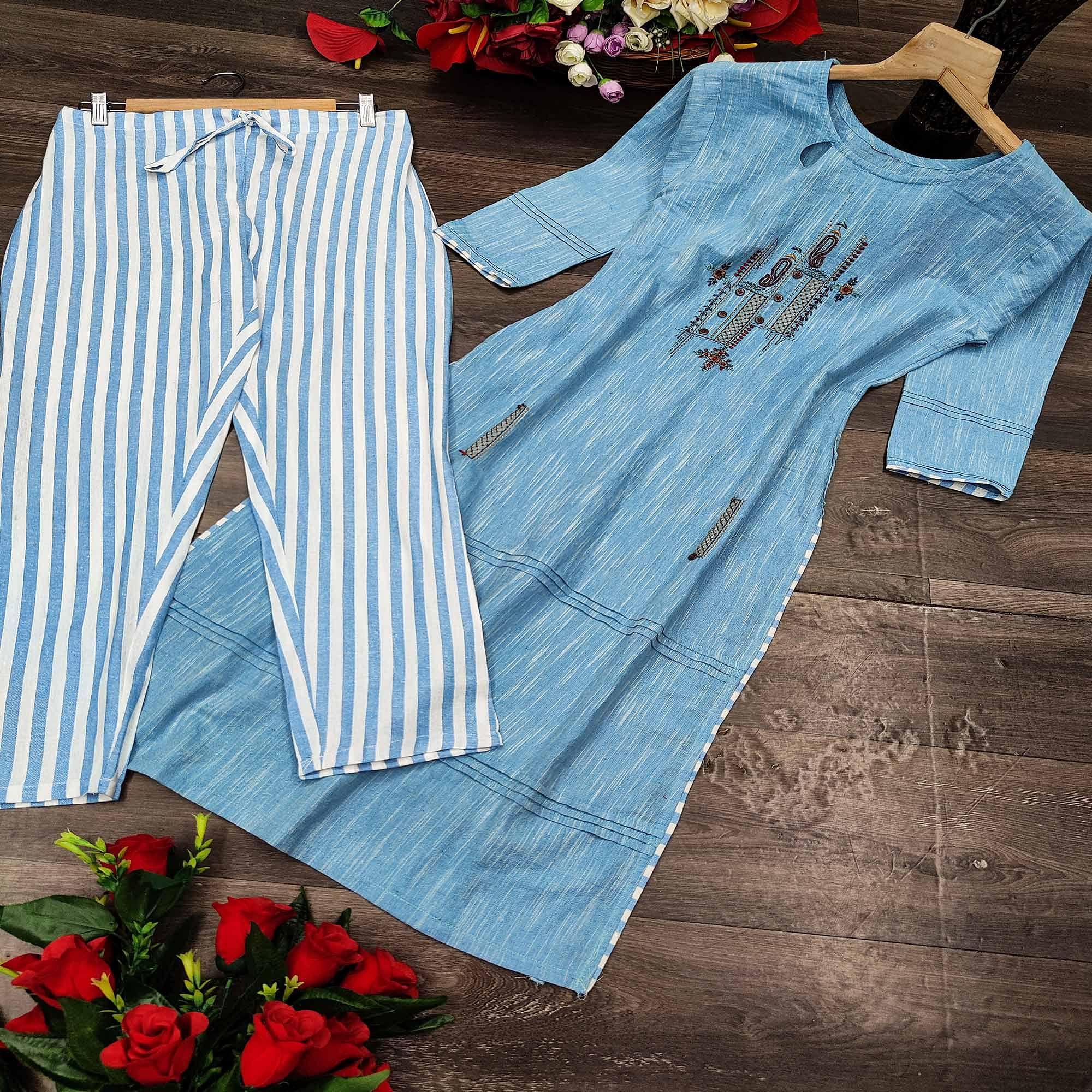 Peachmode Light Blue Embroidered Cotton Kurti - Pant Set - view 3