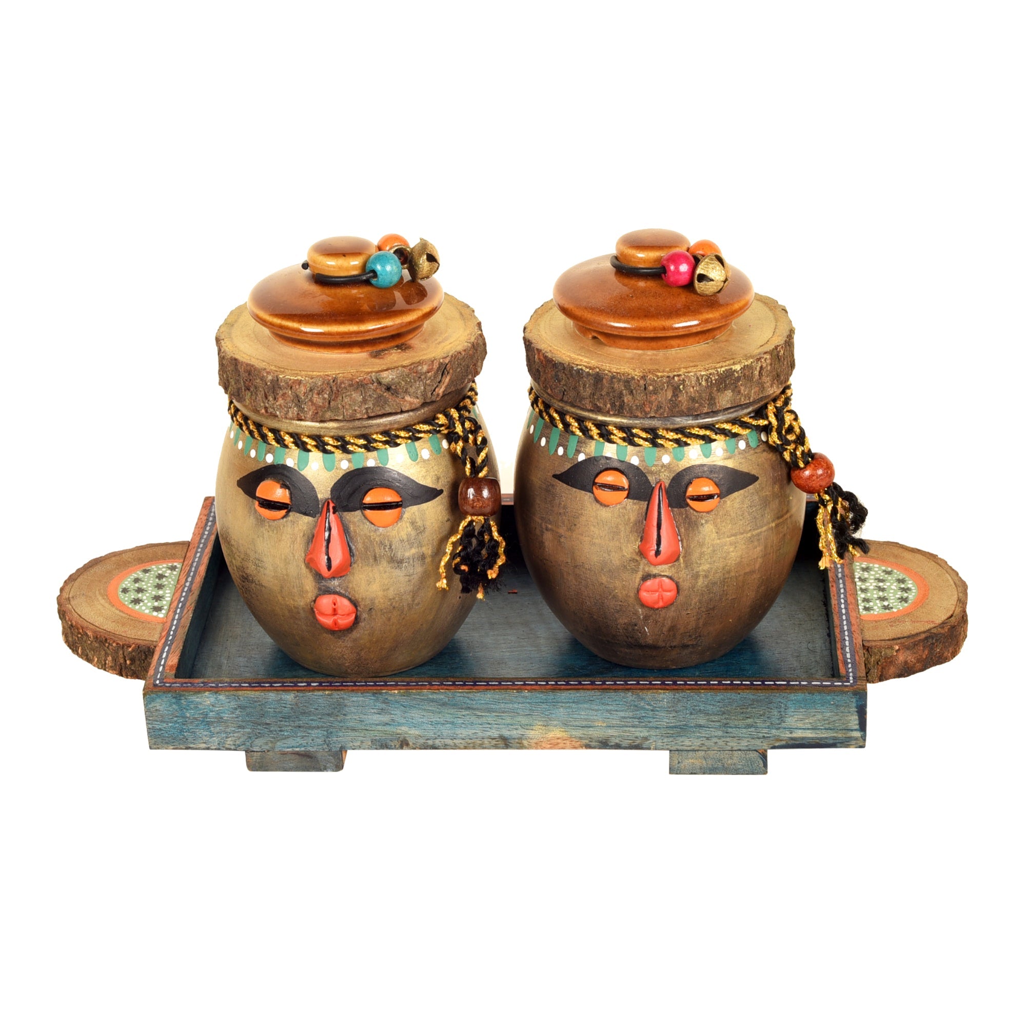 ART CREATIONS BY SUMAN SONTHALIA Brown - Happy Tribals Storage Jars and Handcrafted Tray (Set of 3) - view 4