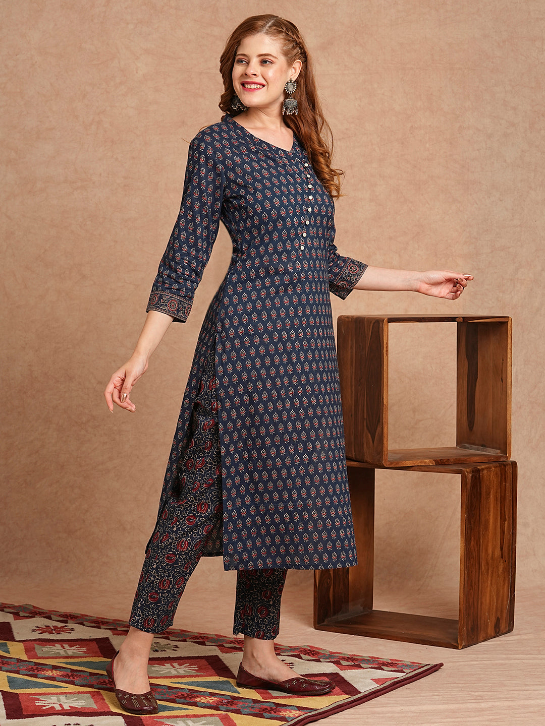 FASHOR Ethnic Printed Straight Fit Kurta with Pant - Blue