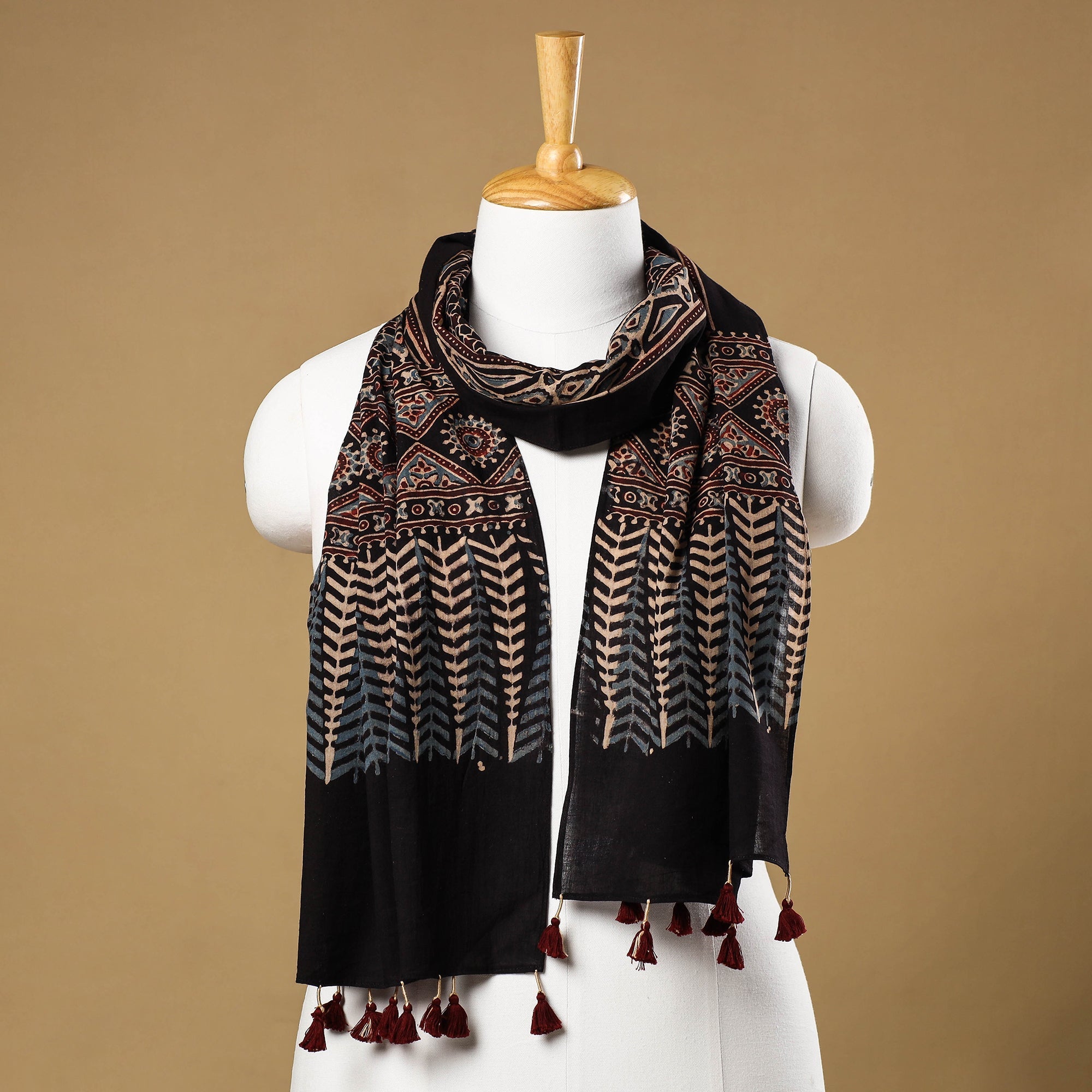 RIYAZ ABDULMAJID KHATRI - AJRAKH Black - Ajrakh Block Printed Mul Cotton Stole with Tassels