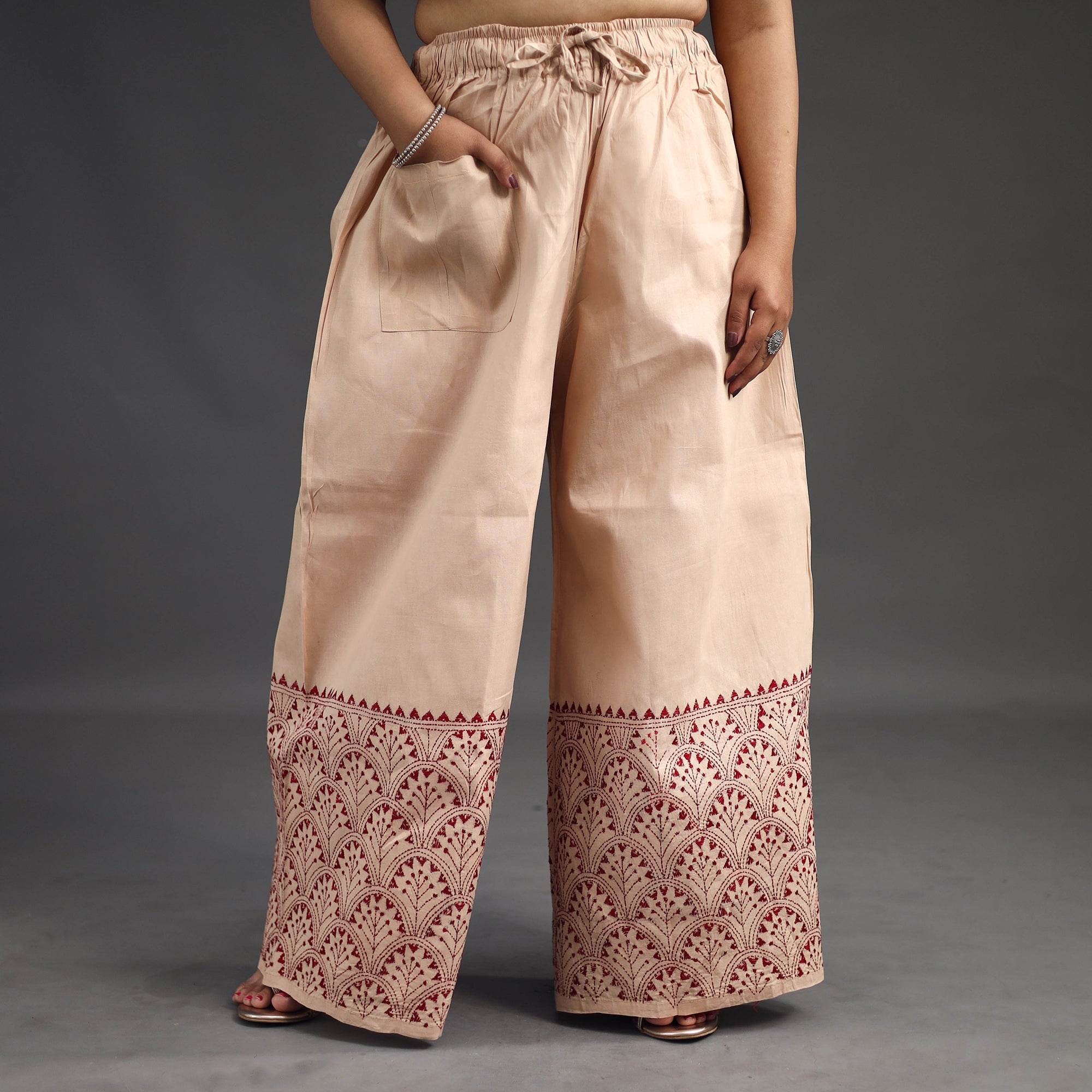 ASALKAAR Beige - Kantha Hand Embroidery Palazzo in Cotton 60