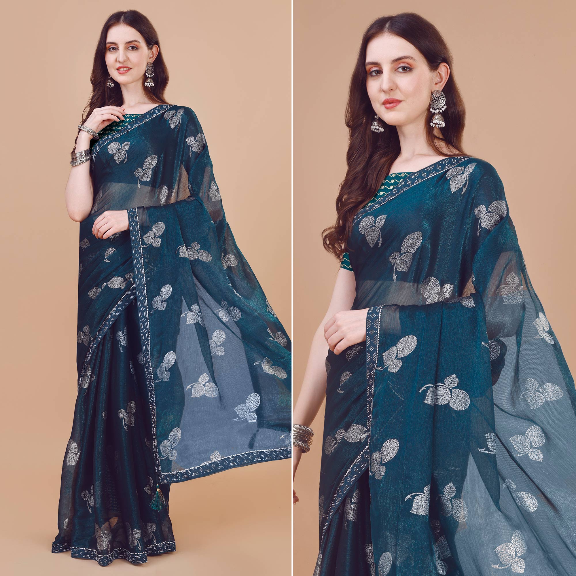 Peachmode Dark Blue Floral Foil Printed Chiffon Saree
