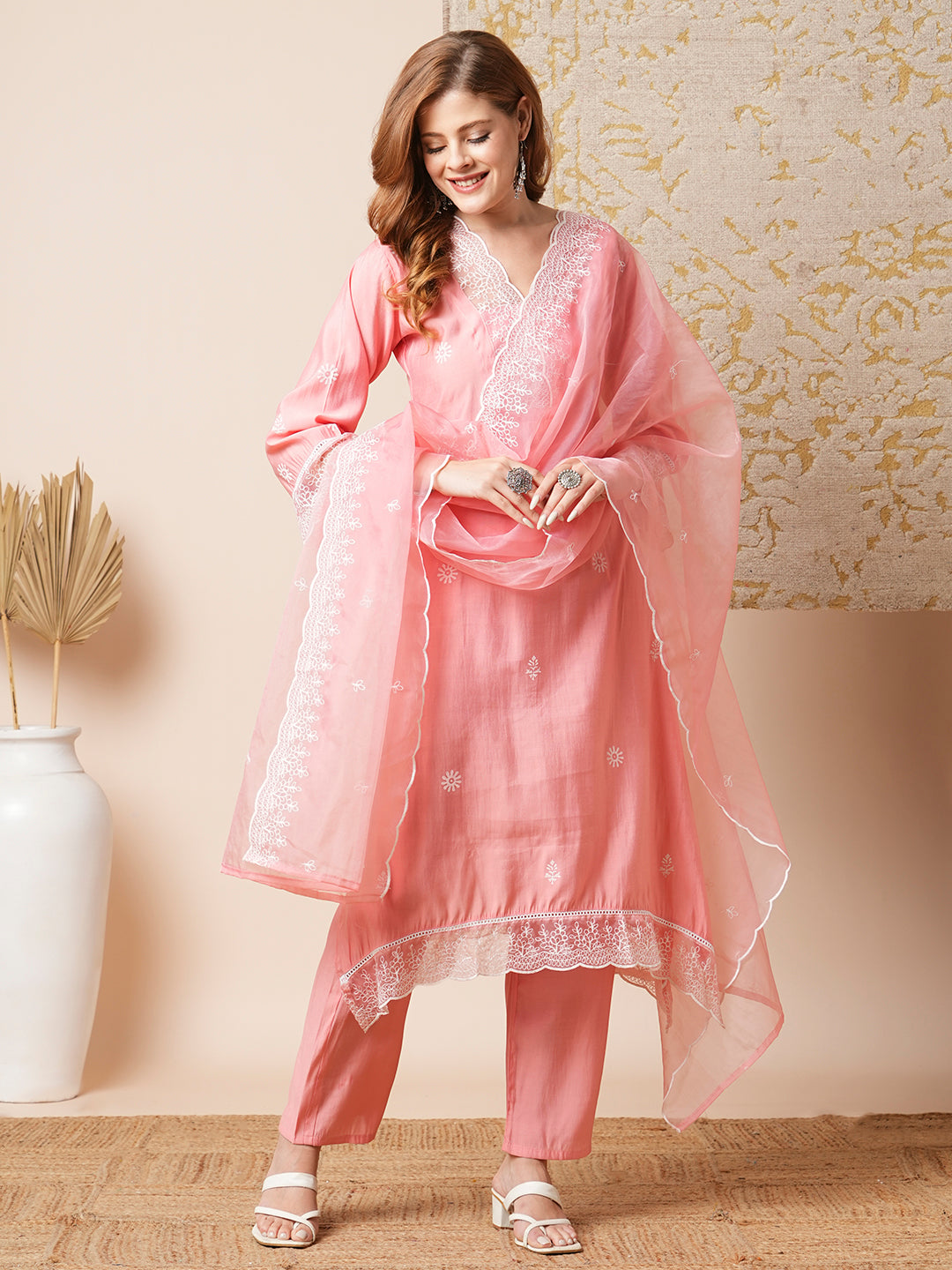 FASHOR Floral Embroidered A-Line Kurta with Pant & Embroidered Dupatta - Peach