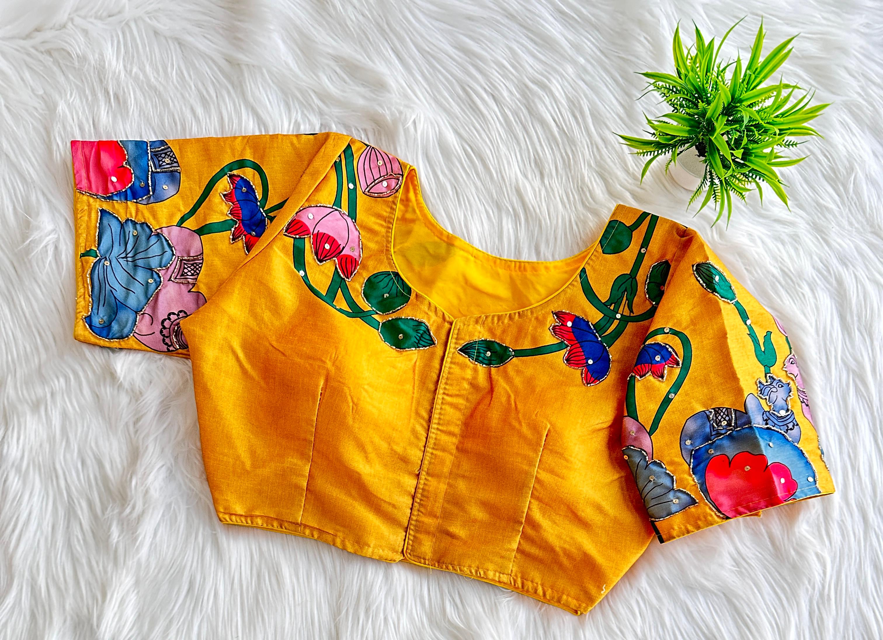 ClothsVilla Yellow Pure Silk Blouse with Decent Print and Antique Handcrafted Work - view 2