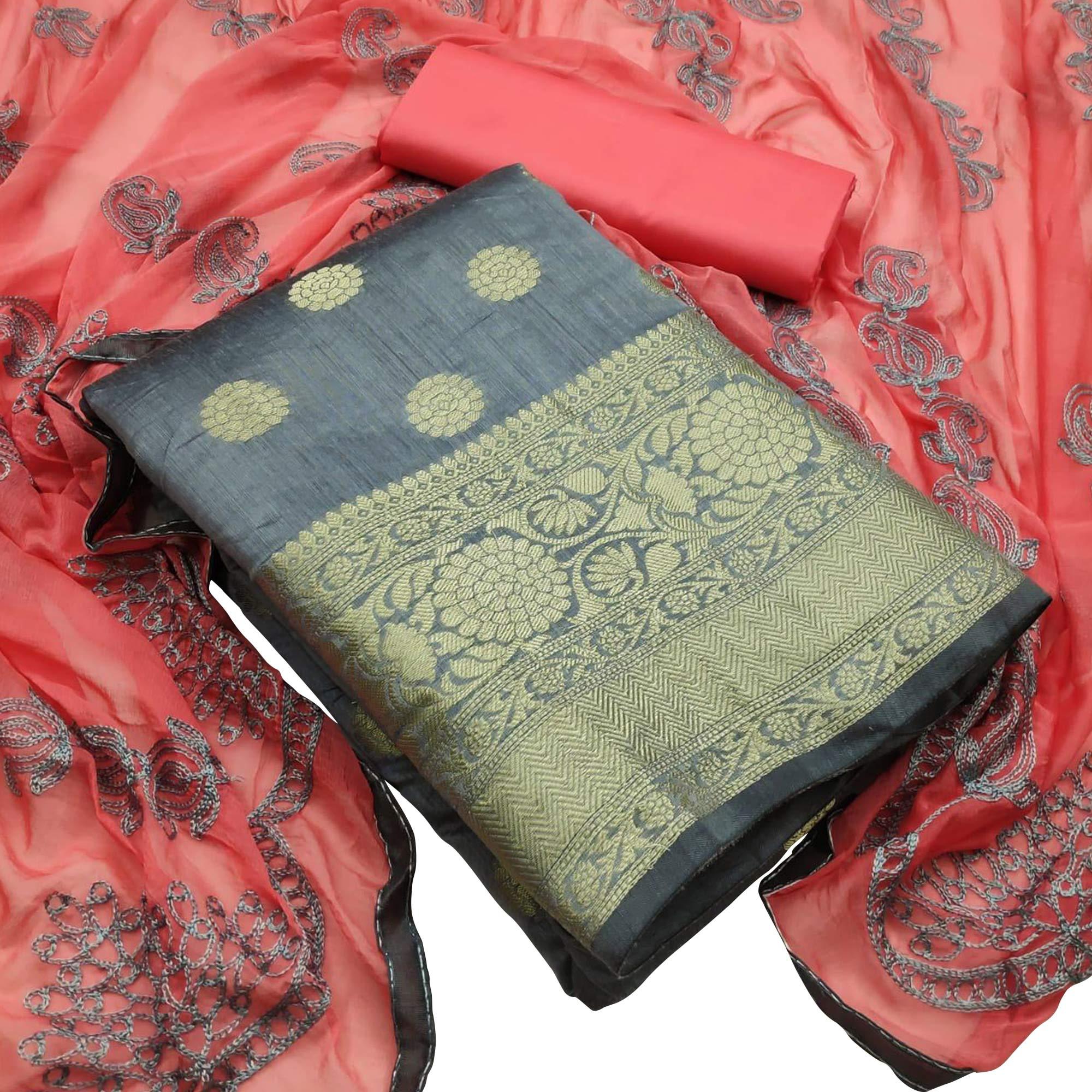Peachmode Glowing Grey Colored Casual Wear Woven Banarasi Silk Dress Material