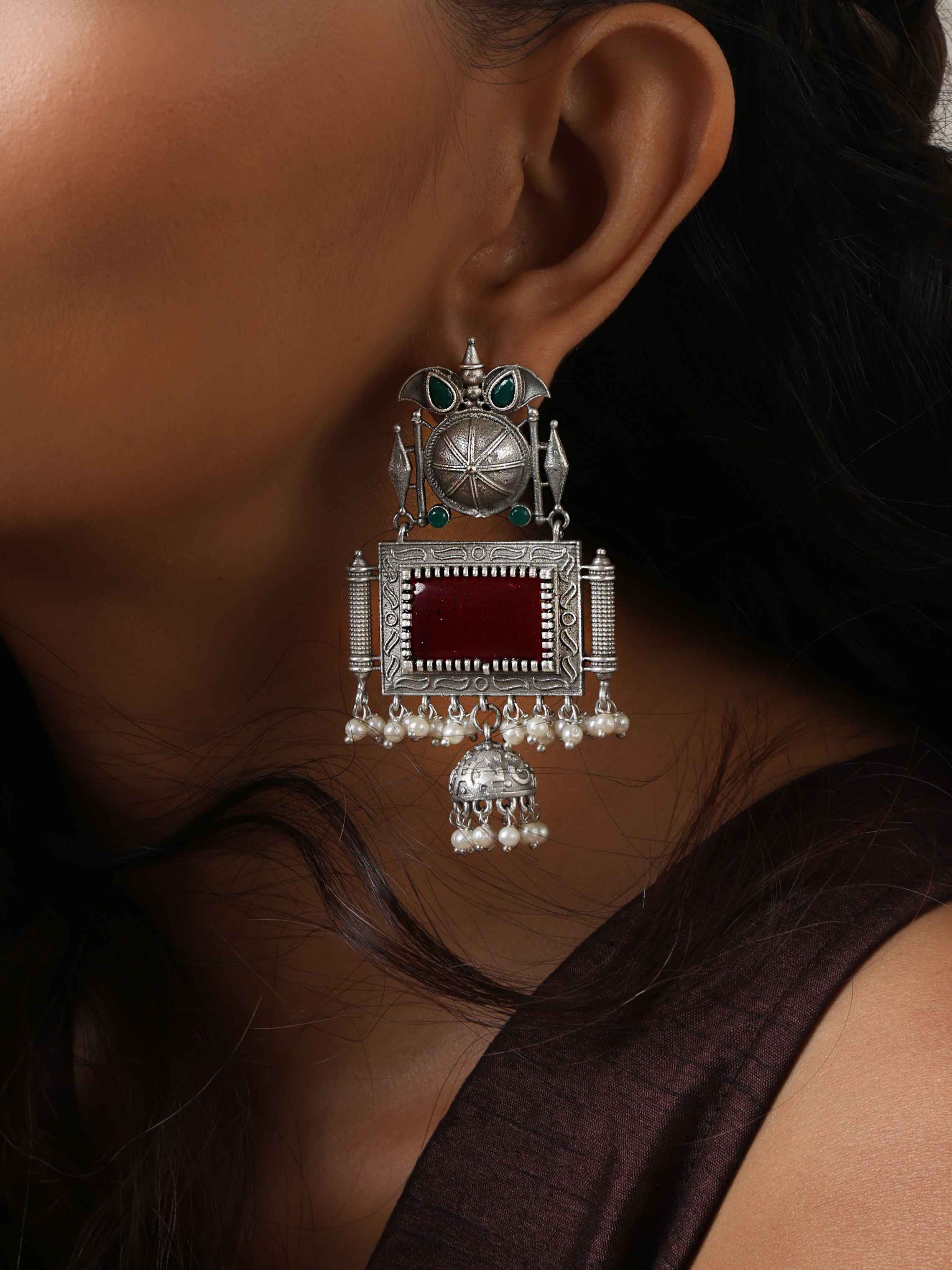 trueBrowns Silver Tone Red Stone Dangle Earrings - view 4