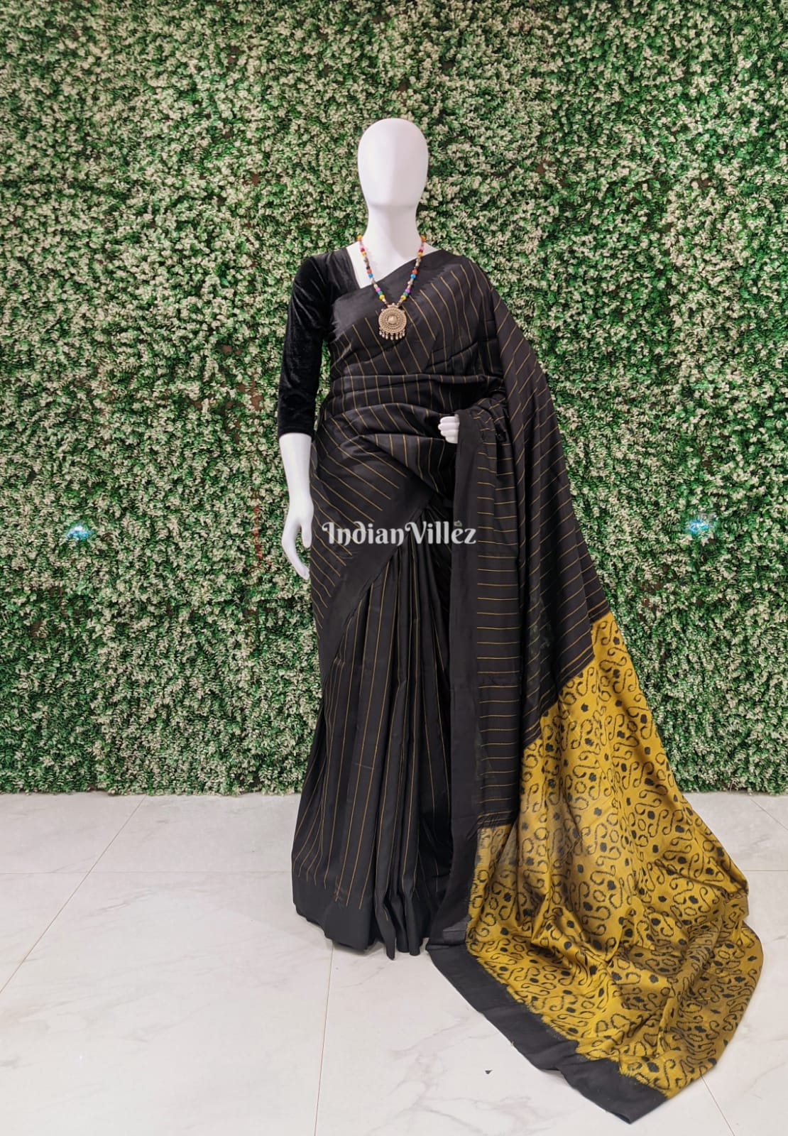 IndianVillèz Black with Mustard Yellow Odisha Ikat Contemporary Silk Saree