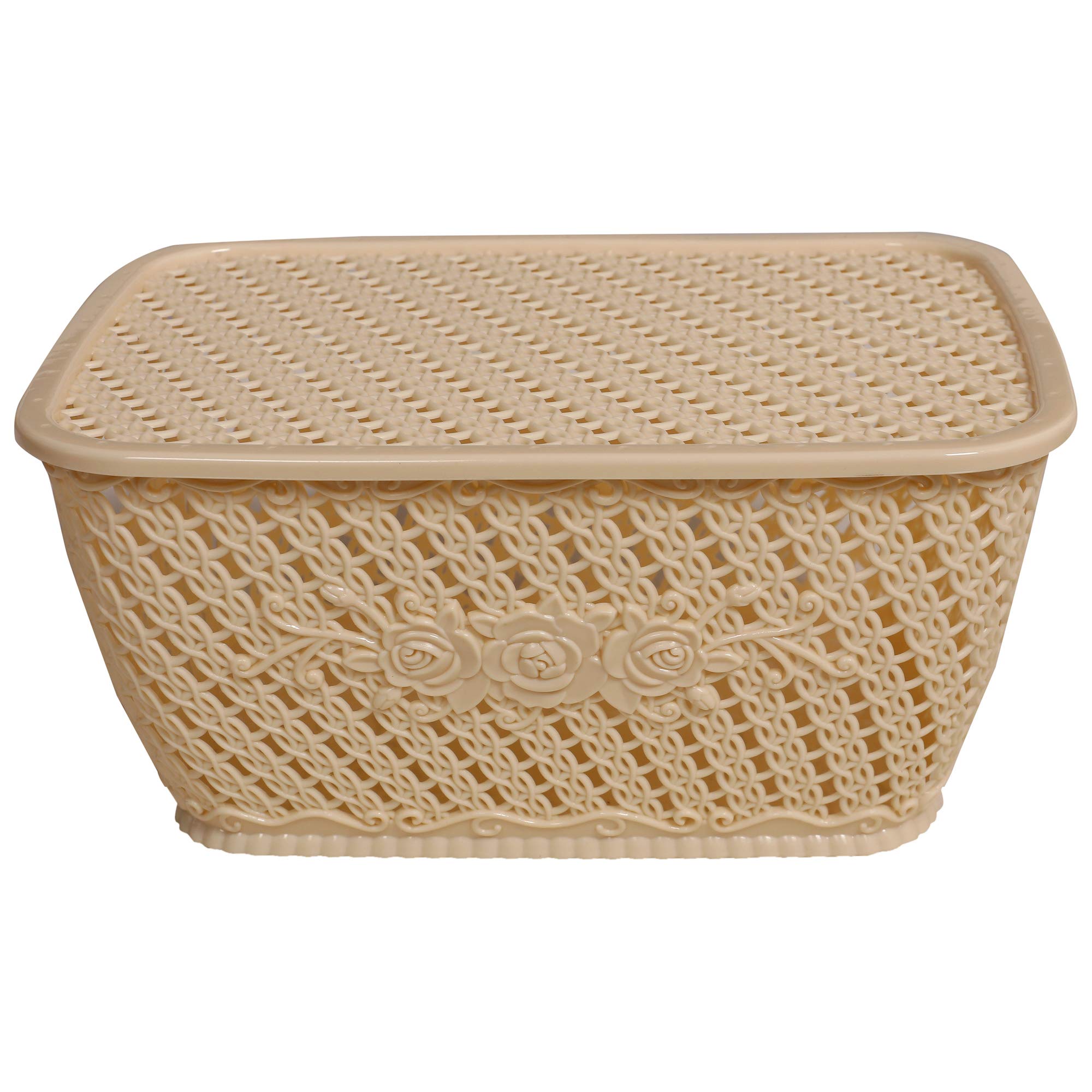 Kuber Industries Plastic 3 Pieces Large Size Multipurpose Solitaire Storage Basket for Kitchen, Office, Bedroom, Bath Room with Lid (Coffee & Grey & C - view 2