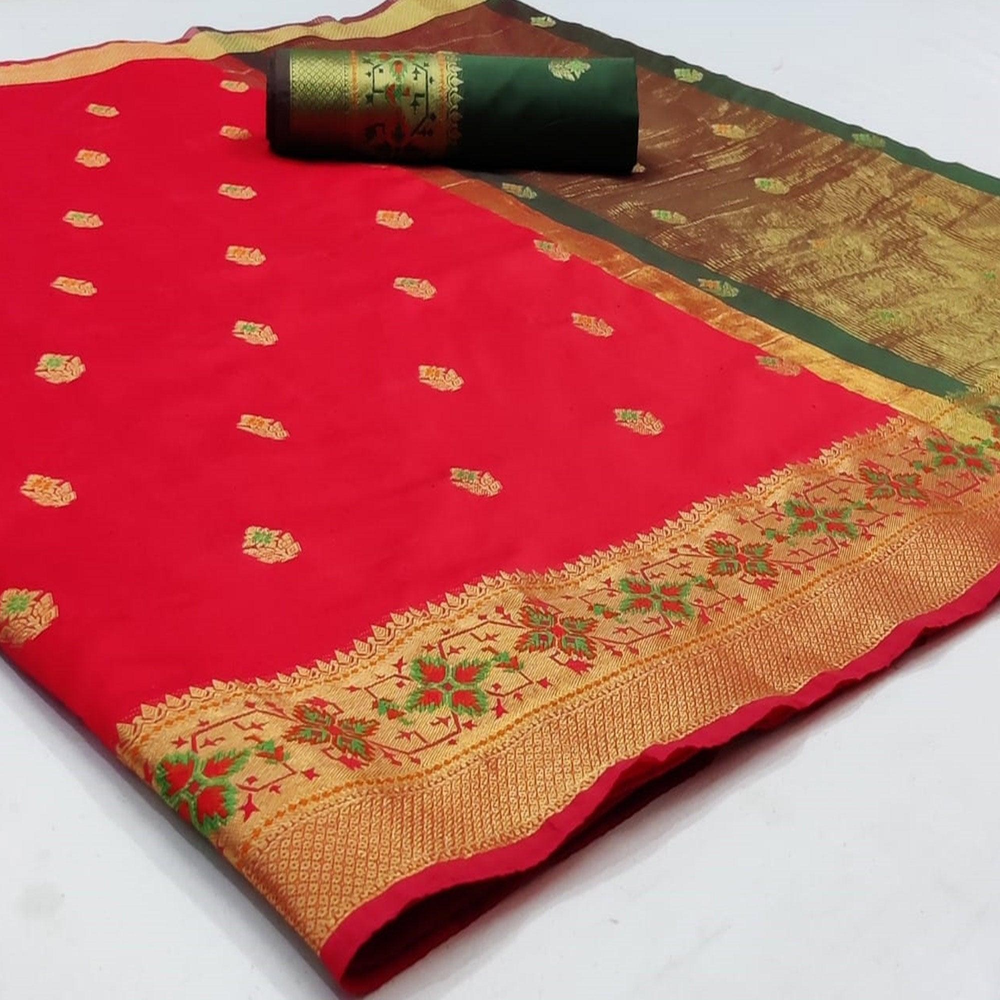 Peachmode Innovative Red Colored Festive Wear Woven Silk Saree