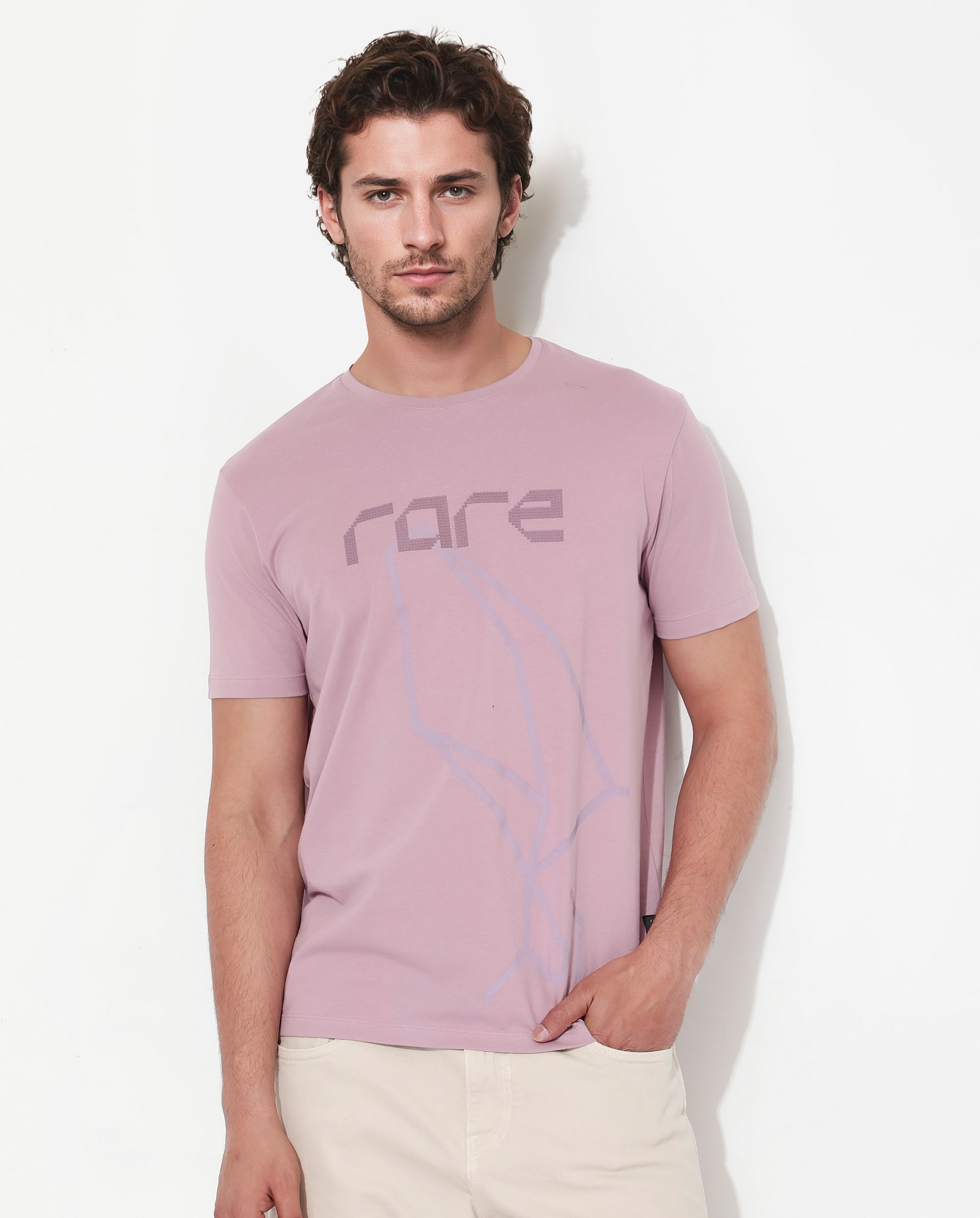 Rare Rabbit Articale Mens Bolt Dusky Pink Cotton Lycra Fabric Short Sleeve Crew Neck Regular Fit Graphic Print T-Shirt - view 3