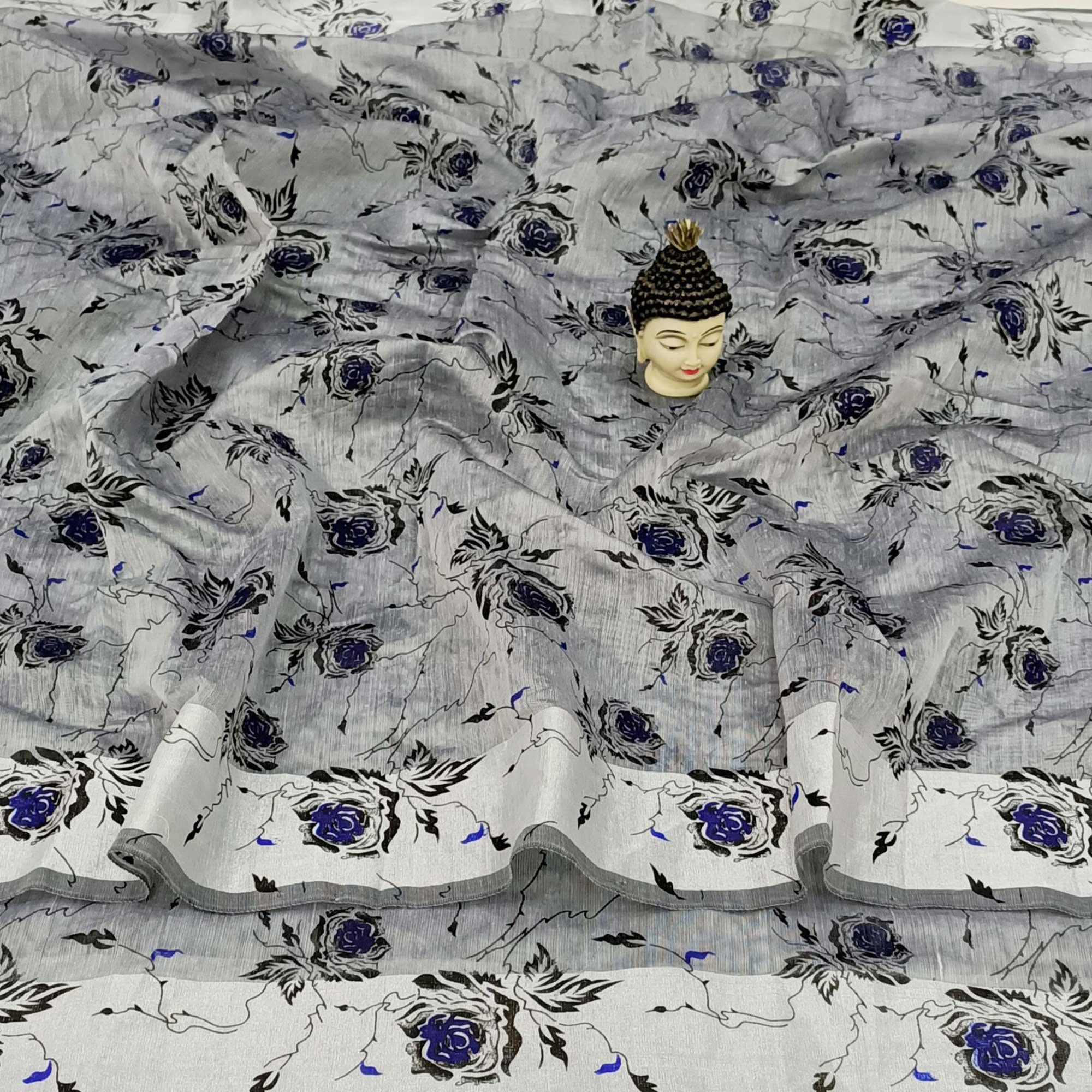 Peachmode Exclusive Grey Colored Casual Wear Floral Block Printed Cotton Linen Saree