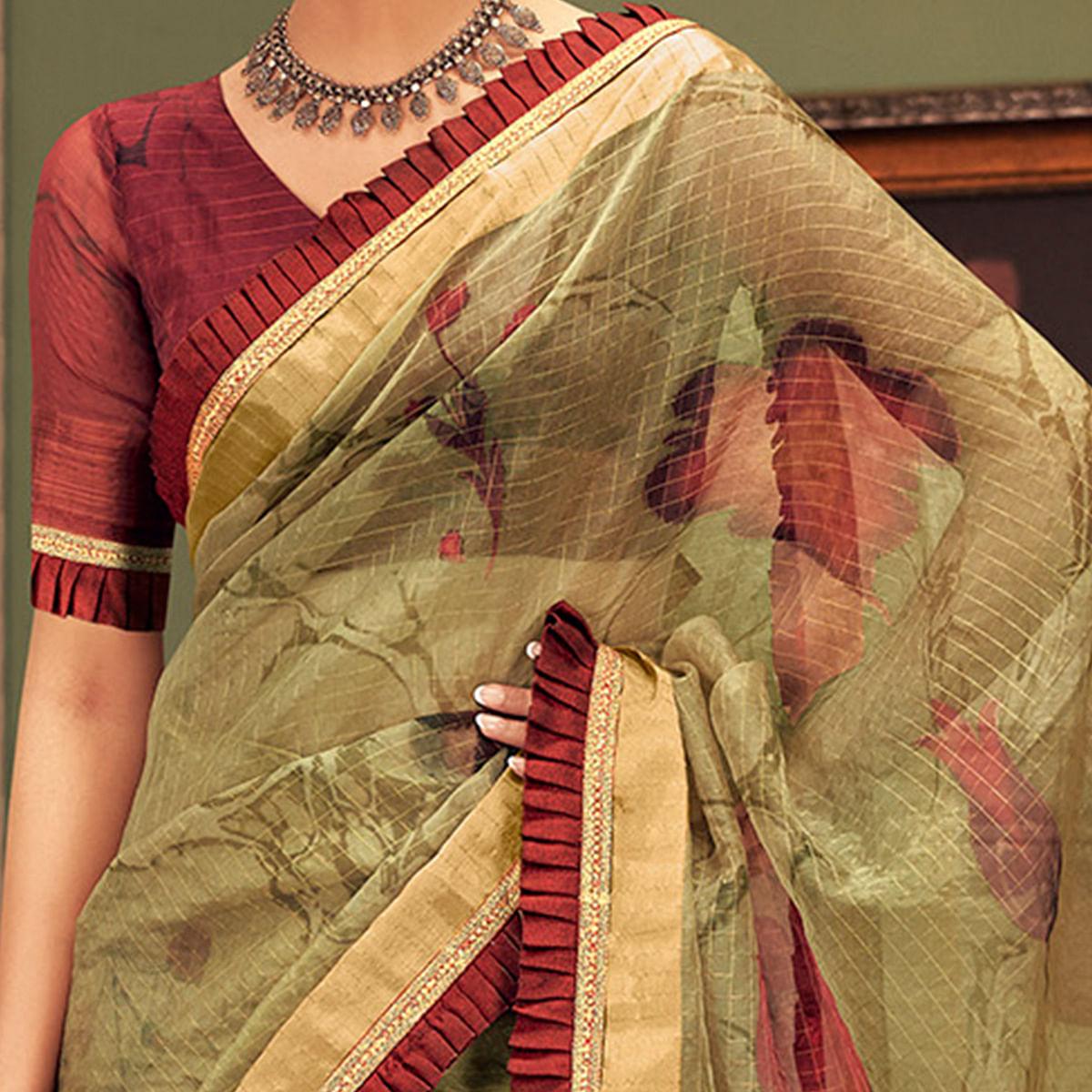 Peachmode Fantastic Green Colored Festive Wear Printed And Woven Border Silk Saree - view 3