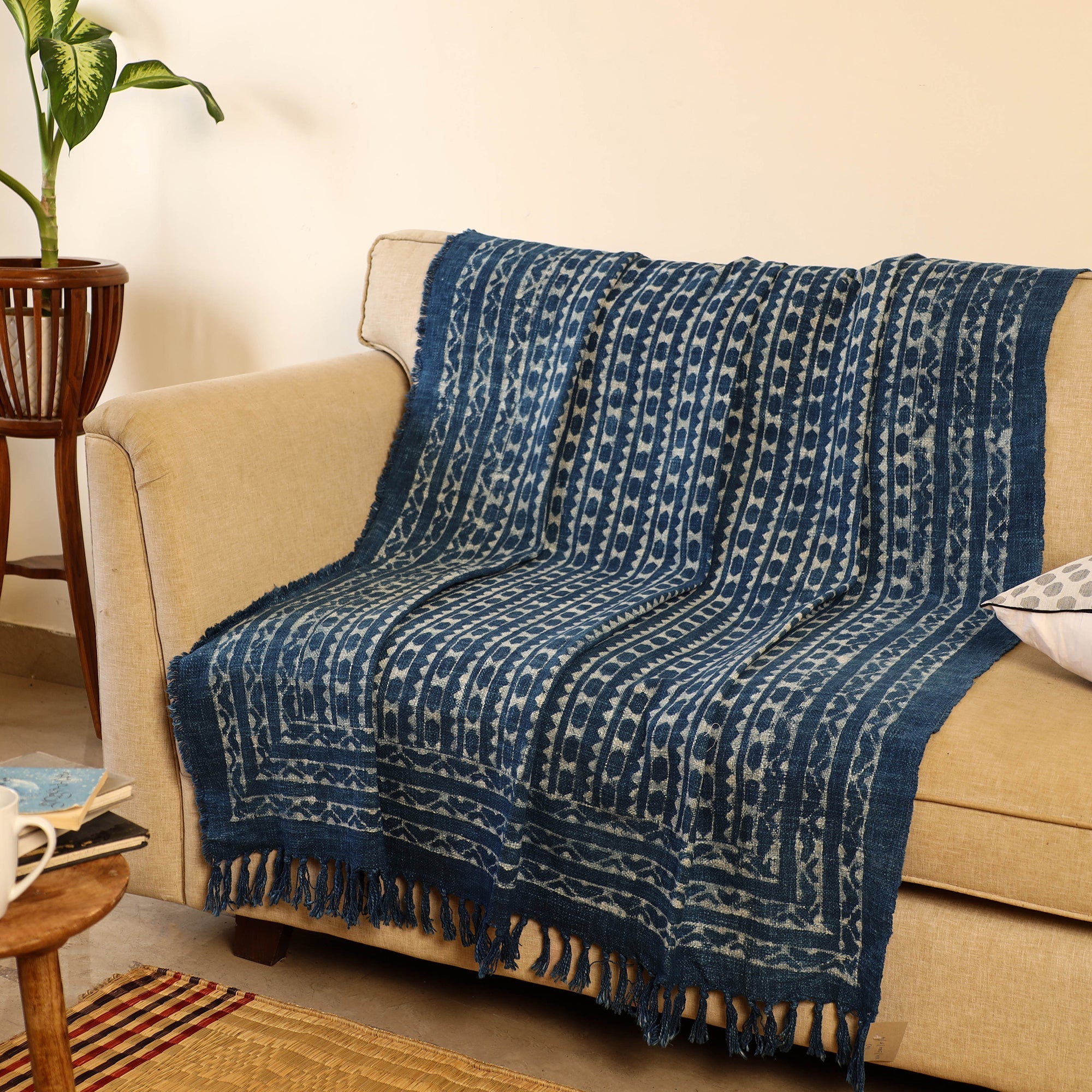 HAVELI CHRONICLES Handloom Jaipur Block Print Indigo Cotton Sofa Throw 04