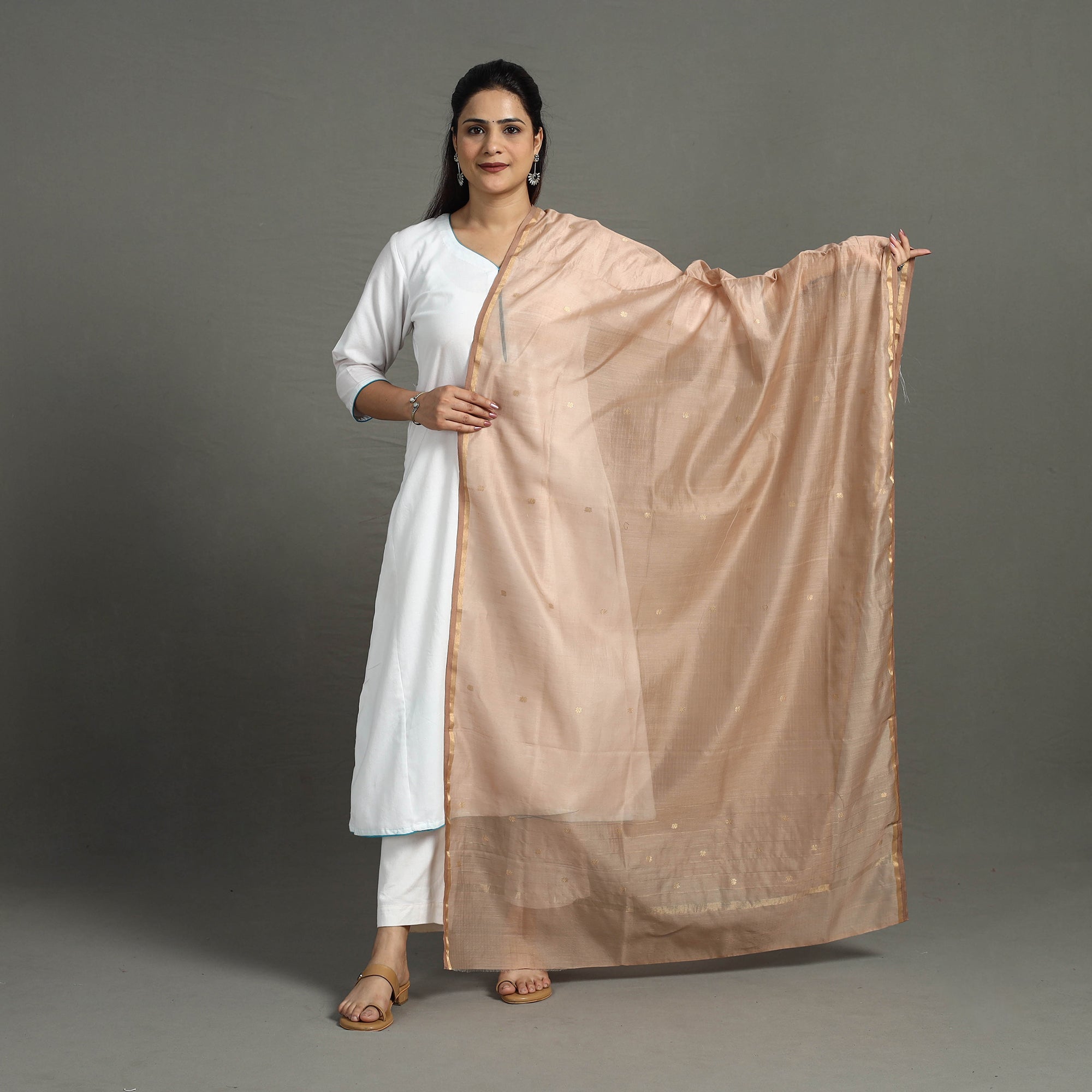 CHANDERI BY RAUPH KHAN Brown - Handloom Silk Cotton Zari Buti Chanderi Dupatta 05