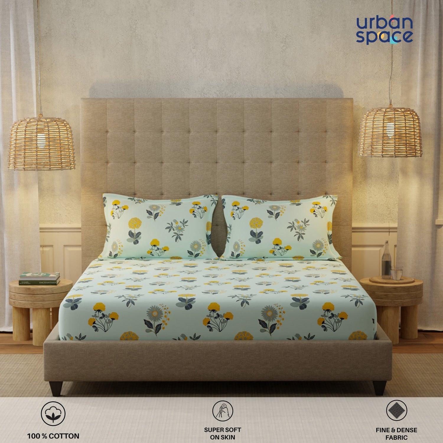 Urban Space -Home Furnishing Store Serene 200 TC 100% Cotton Single Bedsheet with Pillow Covers - Radiance Sky Blue - view 2