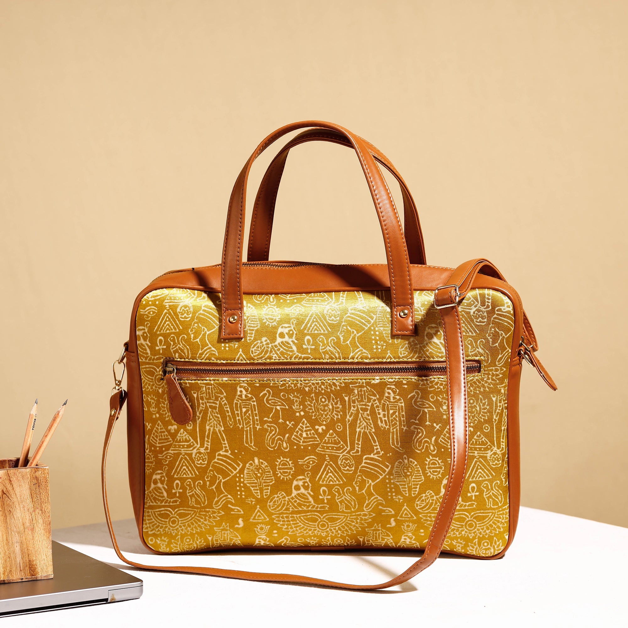 ITOKRI CRAFTS INITIATIVE Brown - Handcrafted Ajrakh Block Printed Modal Silk Laptop Bag (15 x 13 in)