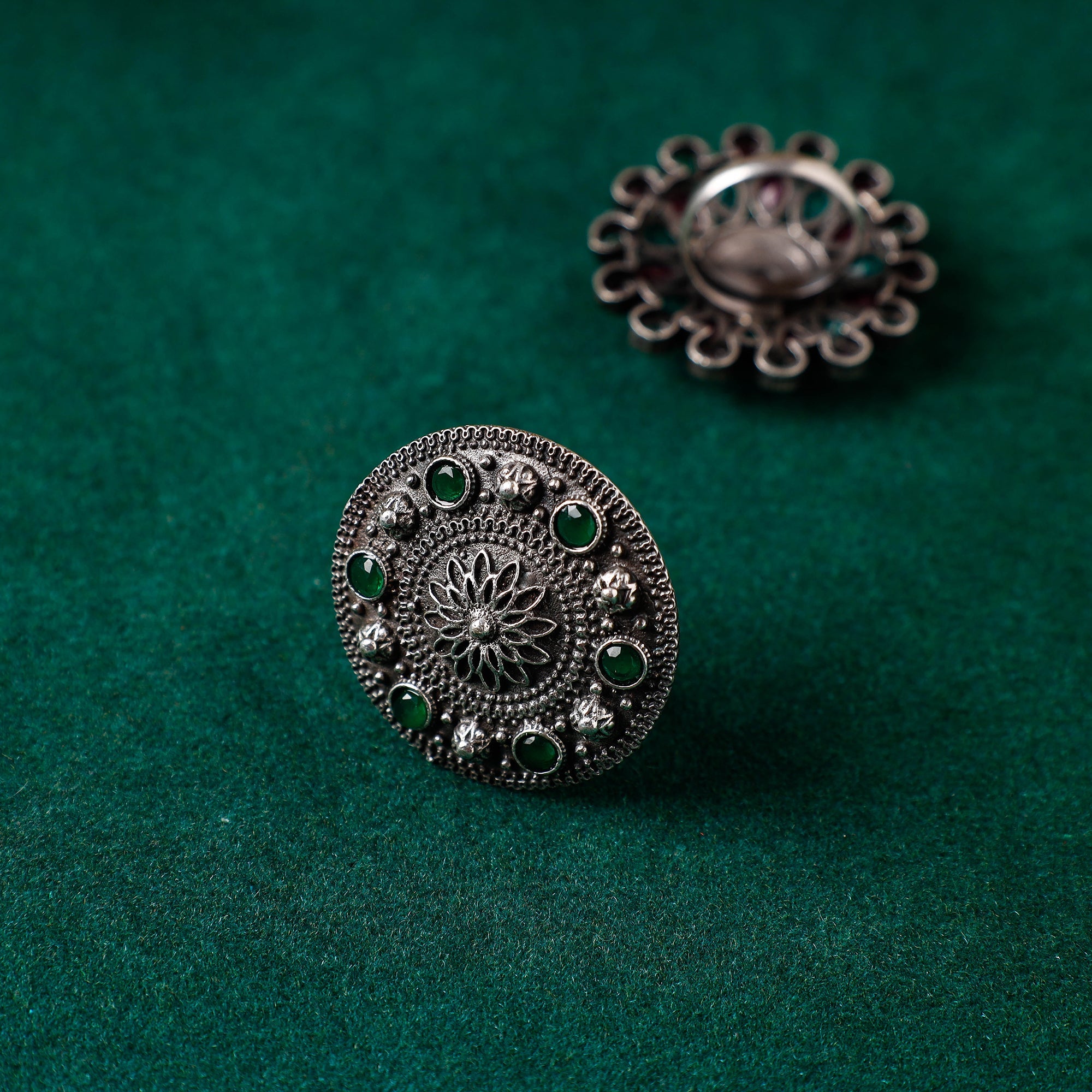 WHITE RIVER STORIES Antique Silver Finish Oxidised Brass Base Stone Work Ring (Adjustable)