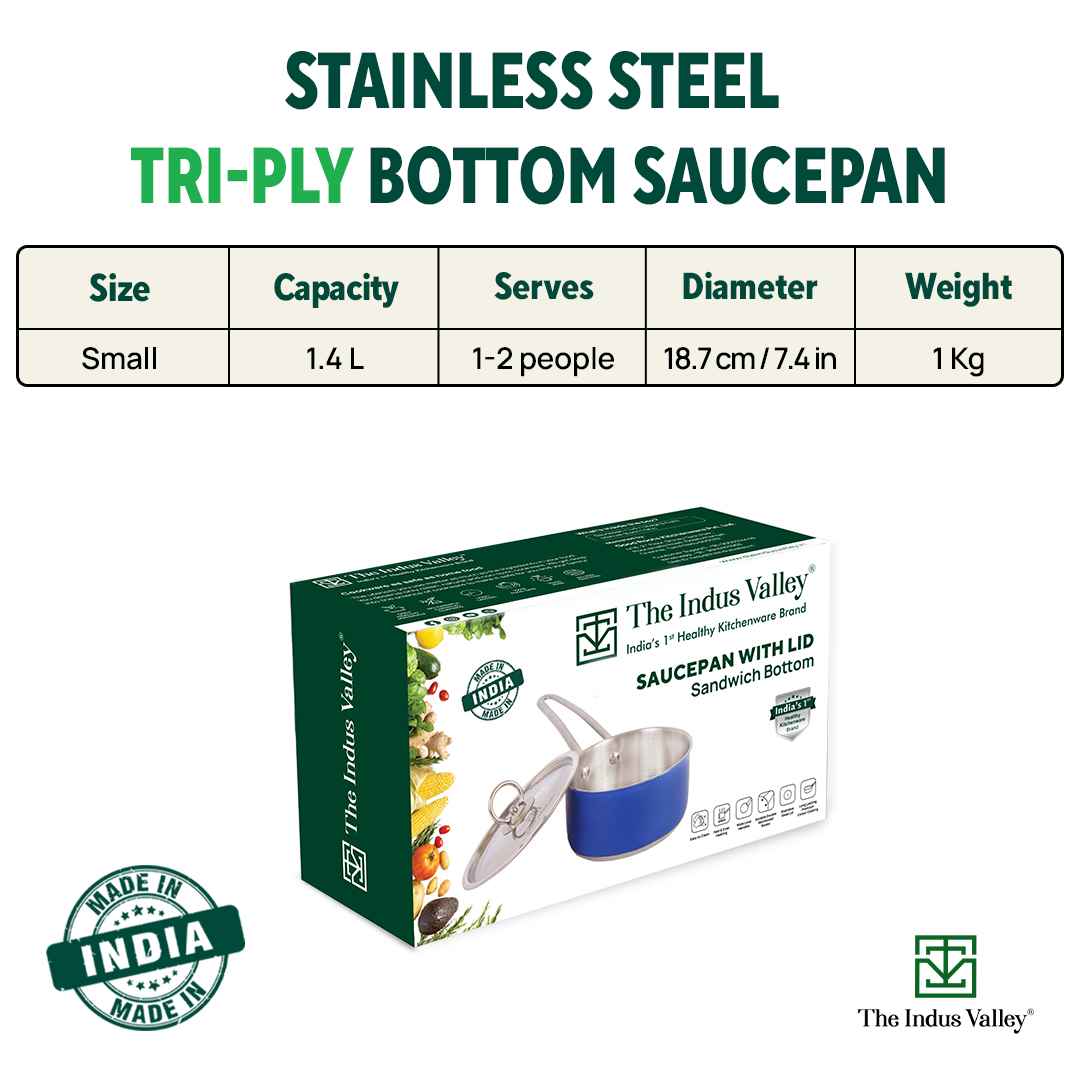 The Indus Valley Tri-Steel Premium Stainless Steel Saucepan/ Milk/ Tea Pan, Tri-ply (3 Layer) Induction Bottom, Steel Lid, 1.4L, Blue - view 3