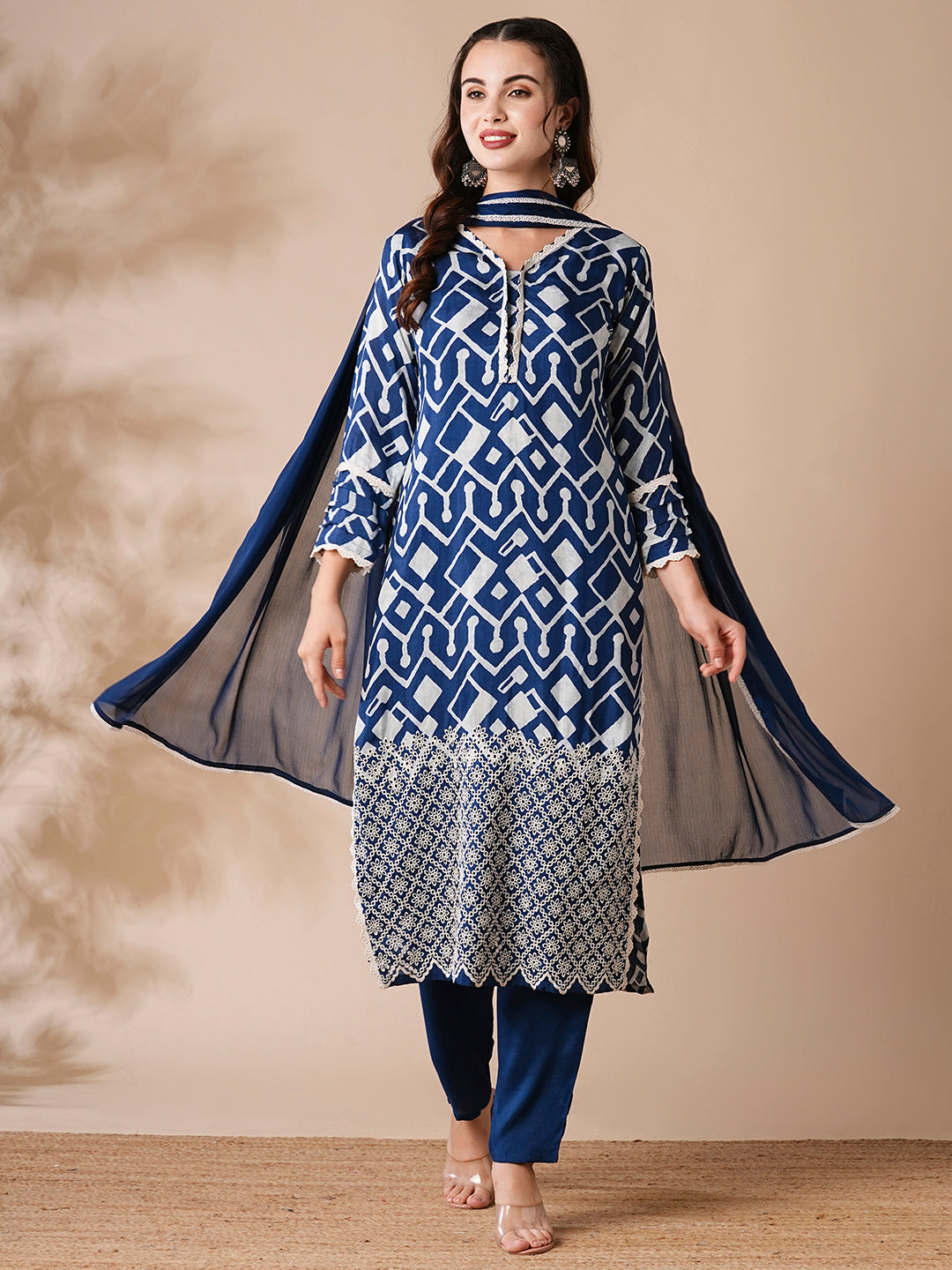 Fashor Abstract Printed Schiffili Embroidered Kurta with Pants & Dupatta - Blue