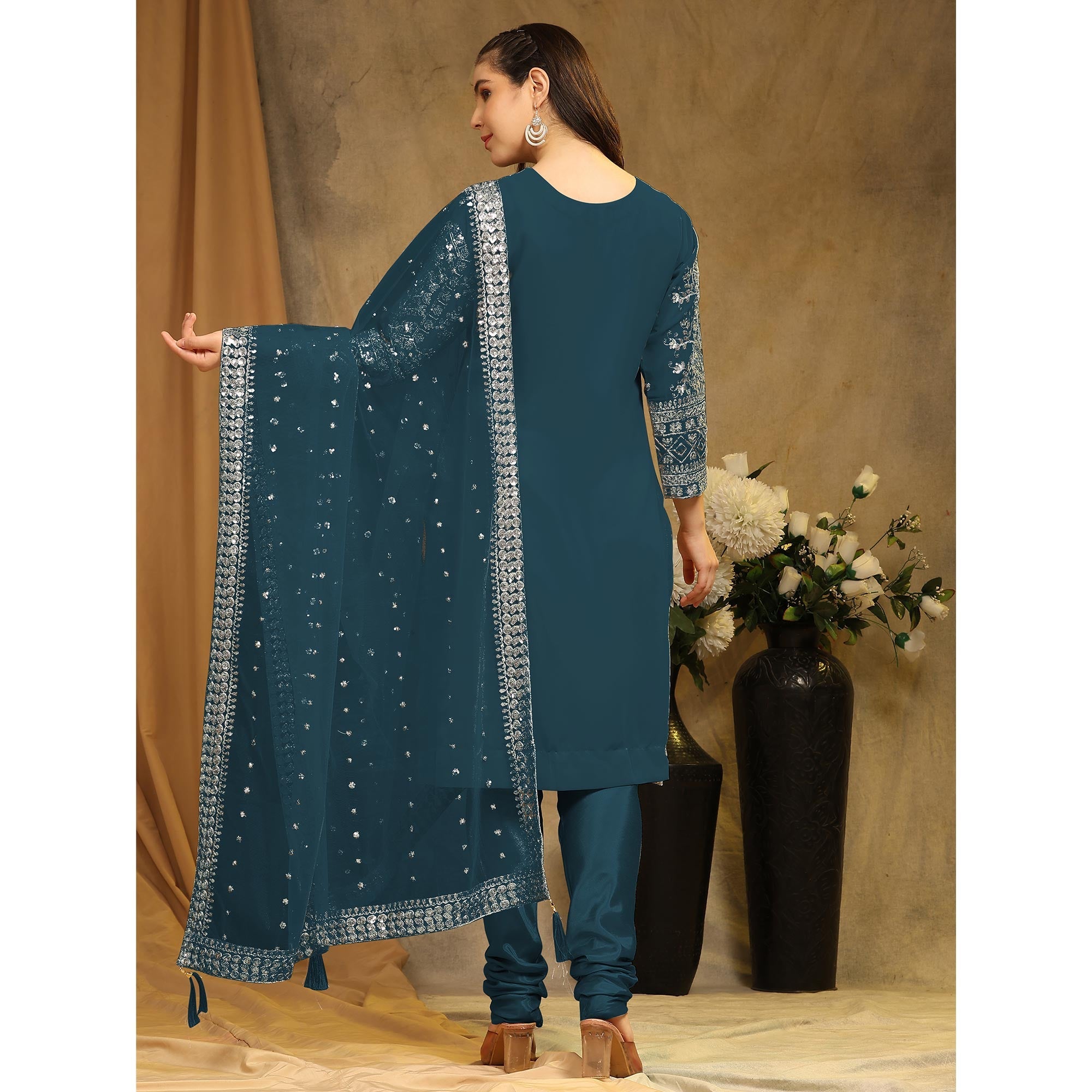 Peachmode Morpich Sequins Embroidered Georgette Semi Stitched Salwar Suit - view 6