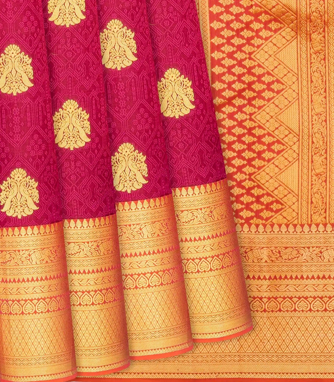 RmKV Magenta Silk Saree With Peacock Zari Buttas & Contrast Border-Magenta