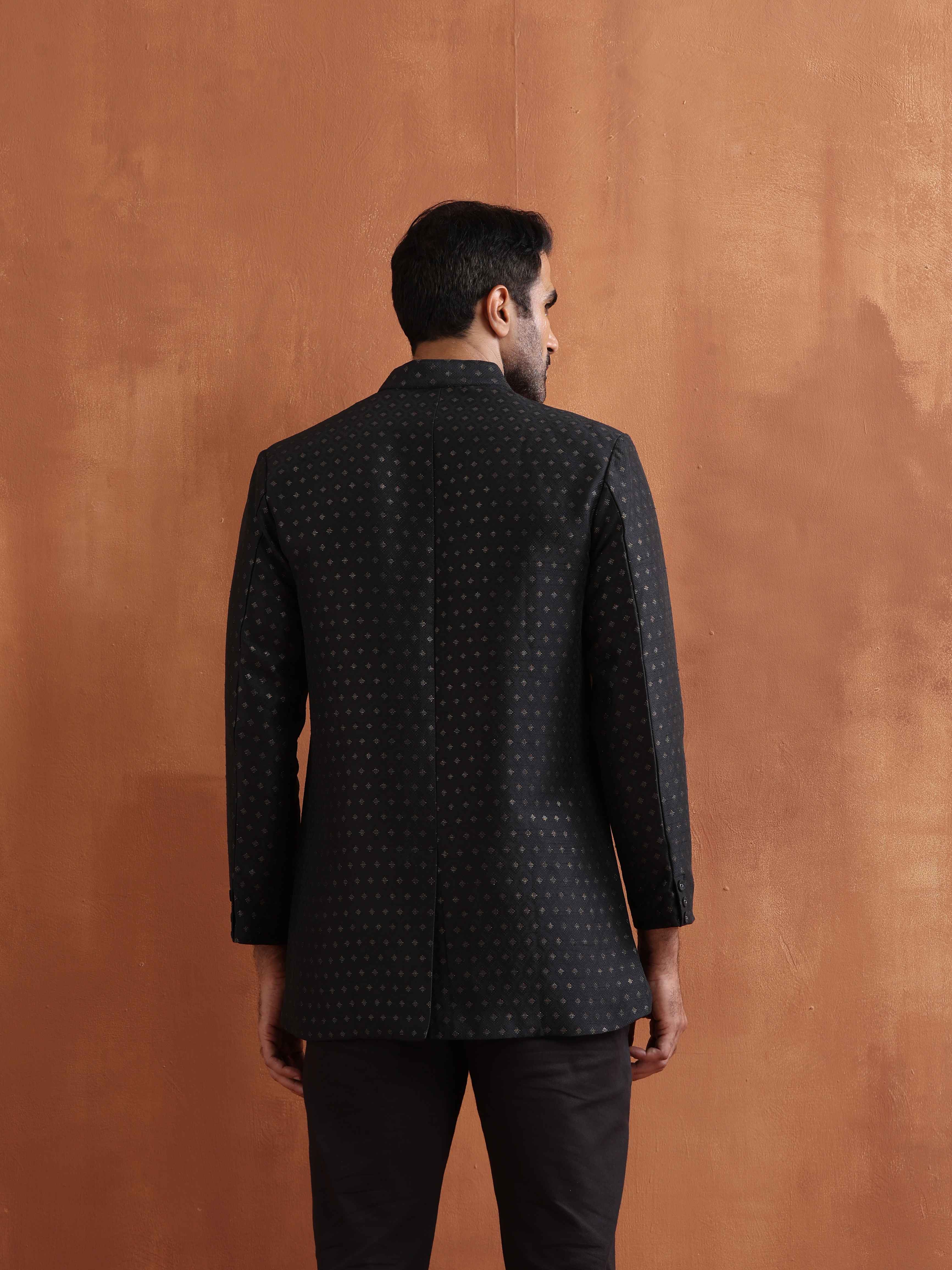 trueBrowns Men's Black Chanderi Long Jacket - view 6