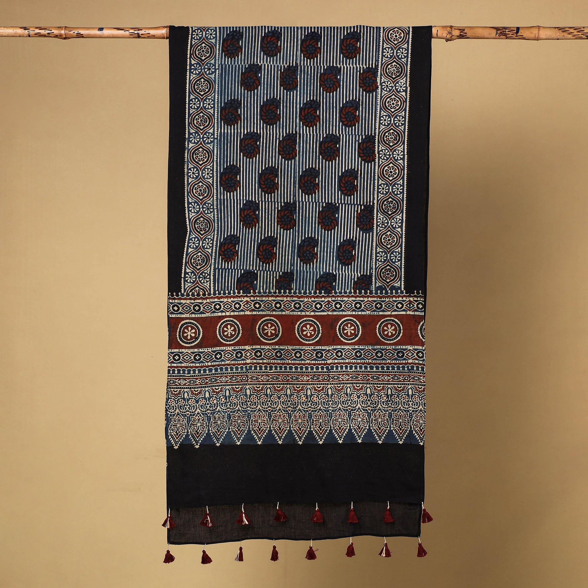 RIYAZ ABDULMAJID KHATRI - AJRAKH Blue - Ajrakh Block Printed Mul Cotton Stole with Tassels - view 2