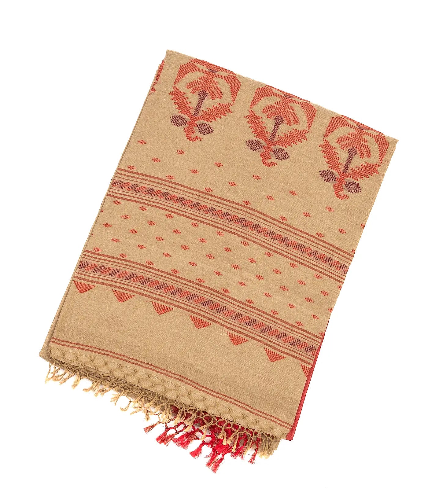 RmKV Beige Handloom Bengal Cotton Saree With Red Border
