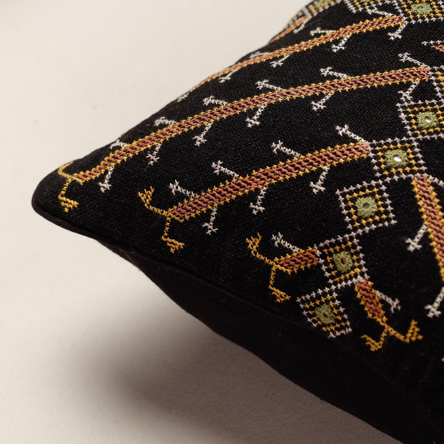 Black - Kala Raksha Jat Hand Embroidery Cotton Cushion Cover (12 x 12 in) - view 2