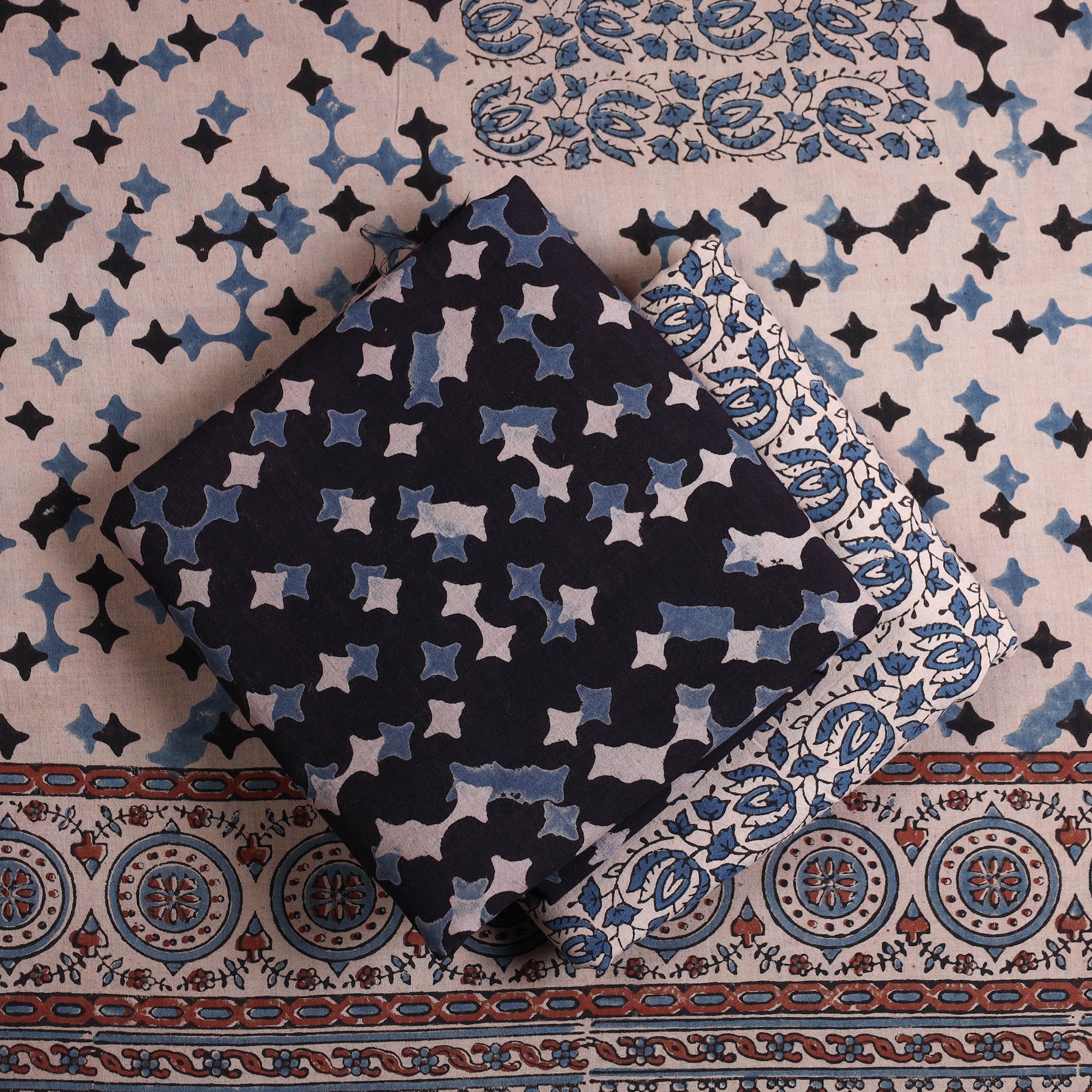 AJRAKH BY JABBAR KHATRI Black - Kutch Block Print Cotton 3pc Ajrakh Dress Material 03 - view 2