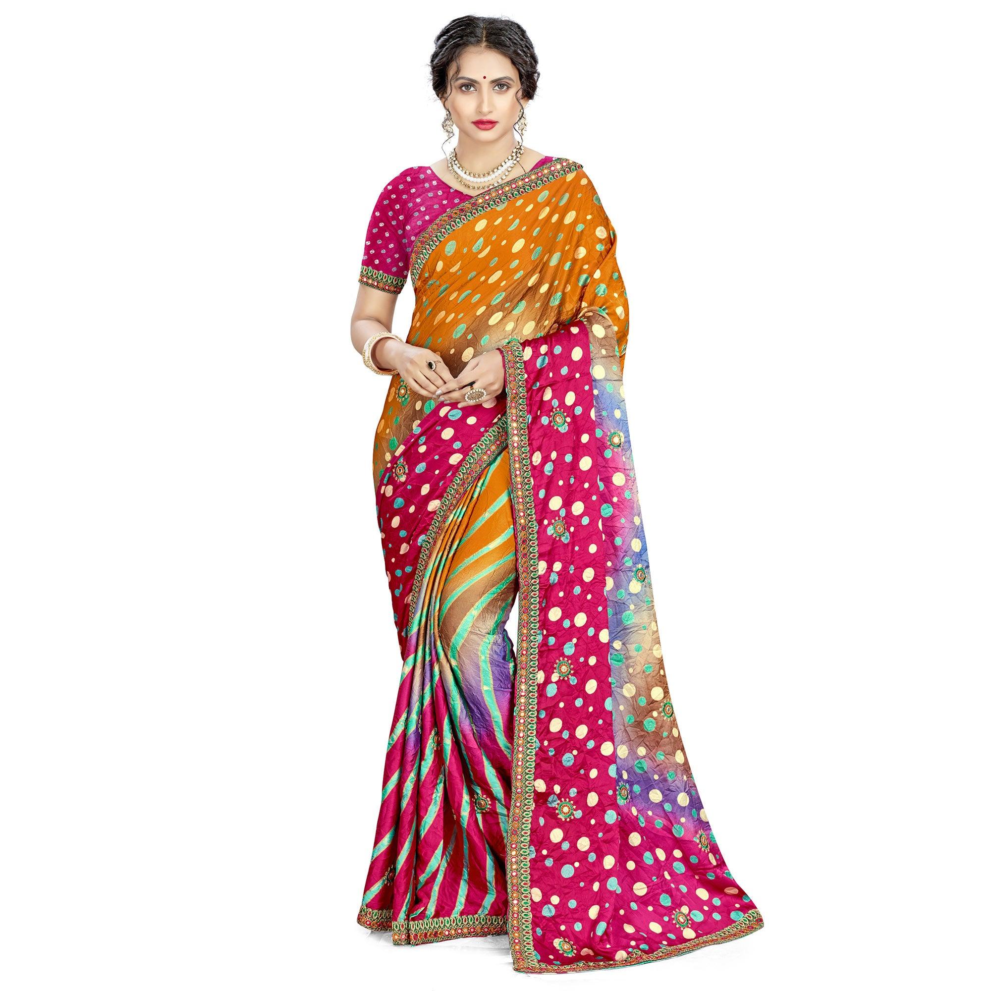 Peachmode Jazzy Mustard - Pink Colored Casual Wear Printed Satin Saree
